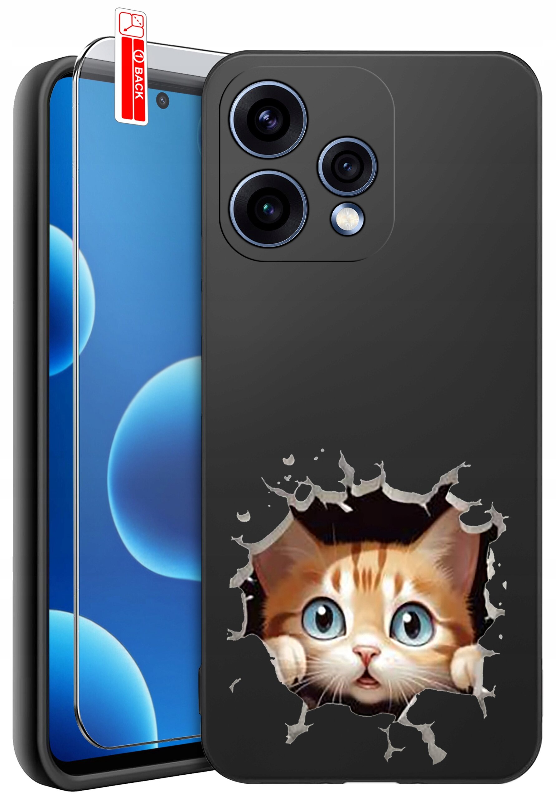 Czarne etui na telefon z nadrukiem kota wyglądającego przez dziurę. Obok znajduje się szkło ochronne z naklejką \'BACK\'.