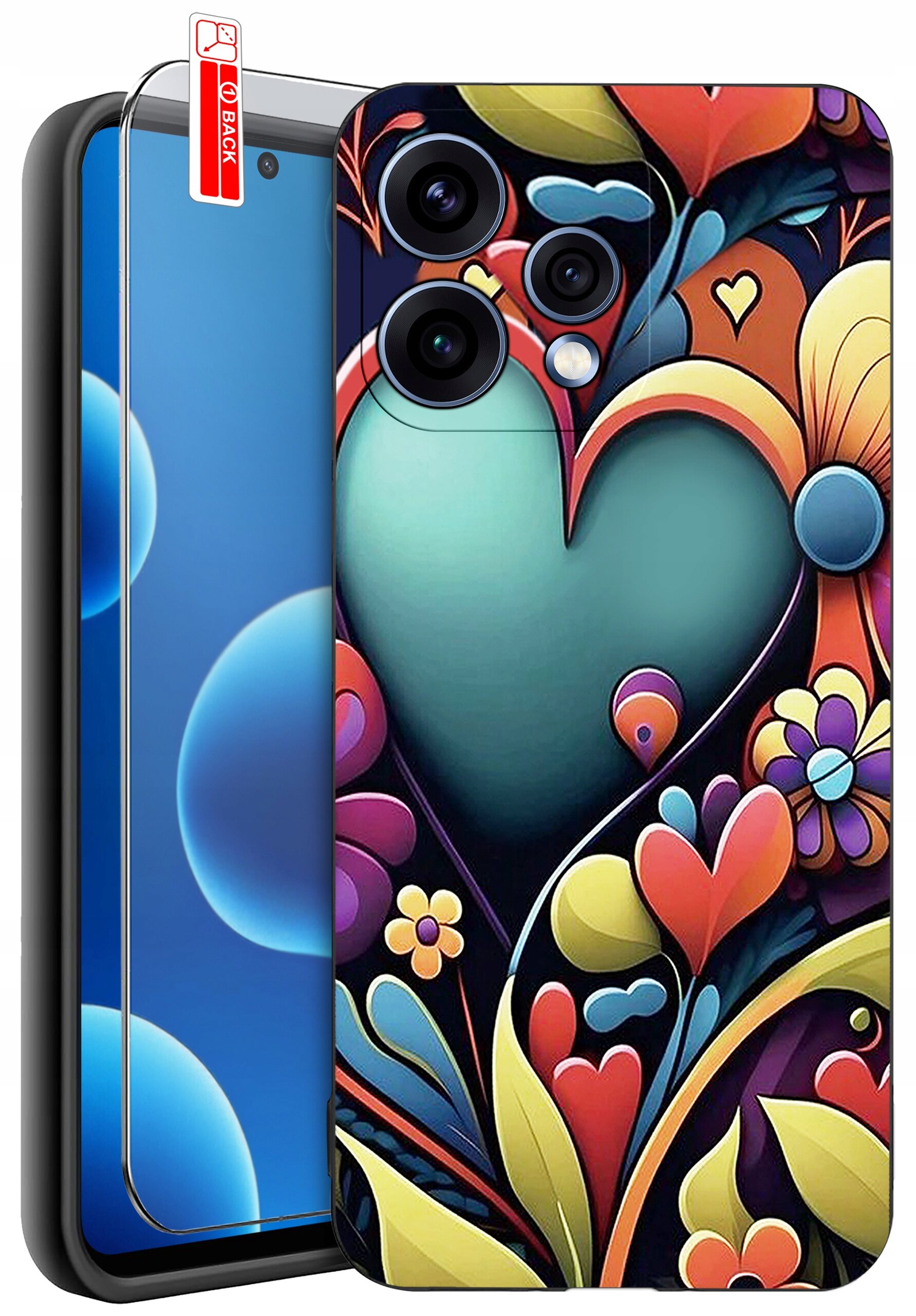 Etui na telefon z kolorowym wzorem serca i kwiatów, obok znajduje się szkło ochronne z napisem \'BACK\'.