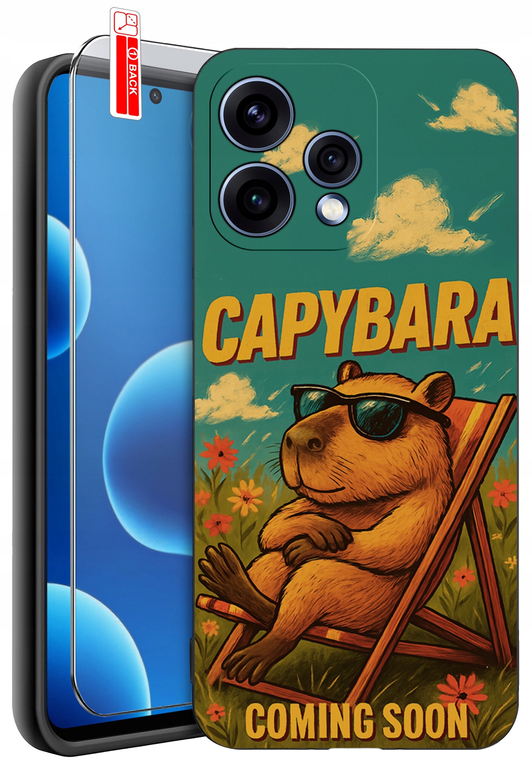 Etui na telefon z grafiką kapibary w okularach przeciwsłonecznych siedzącej na leżaku, z napisem \'CAPYBARA COMING SOON\'. Obok etui znajduje się szkło ochronne na ekran z oznaczeniem \'BACK\'.