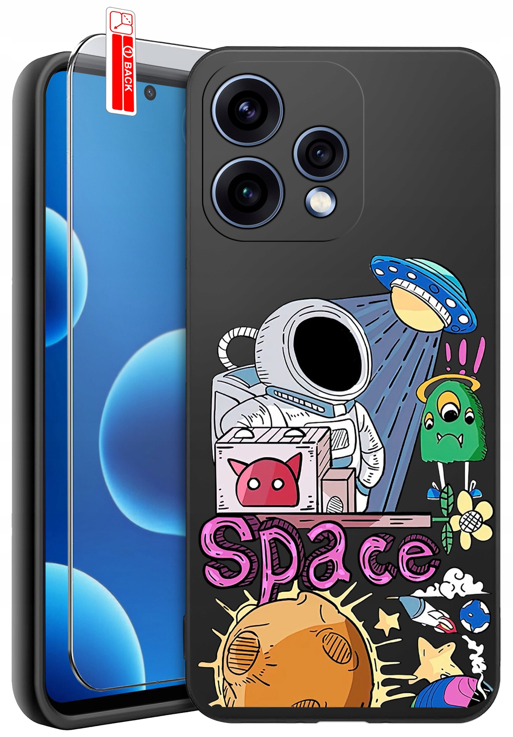 Etui na telefon z kolorowym nadrukiem przedstawiającym astronautę, UFO i planety oraz napisem \'Space\'. Obok etui znajduje się szkło ochronne z oznaczeniem \'BACK\'.