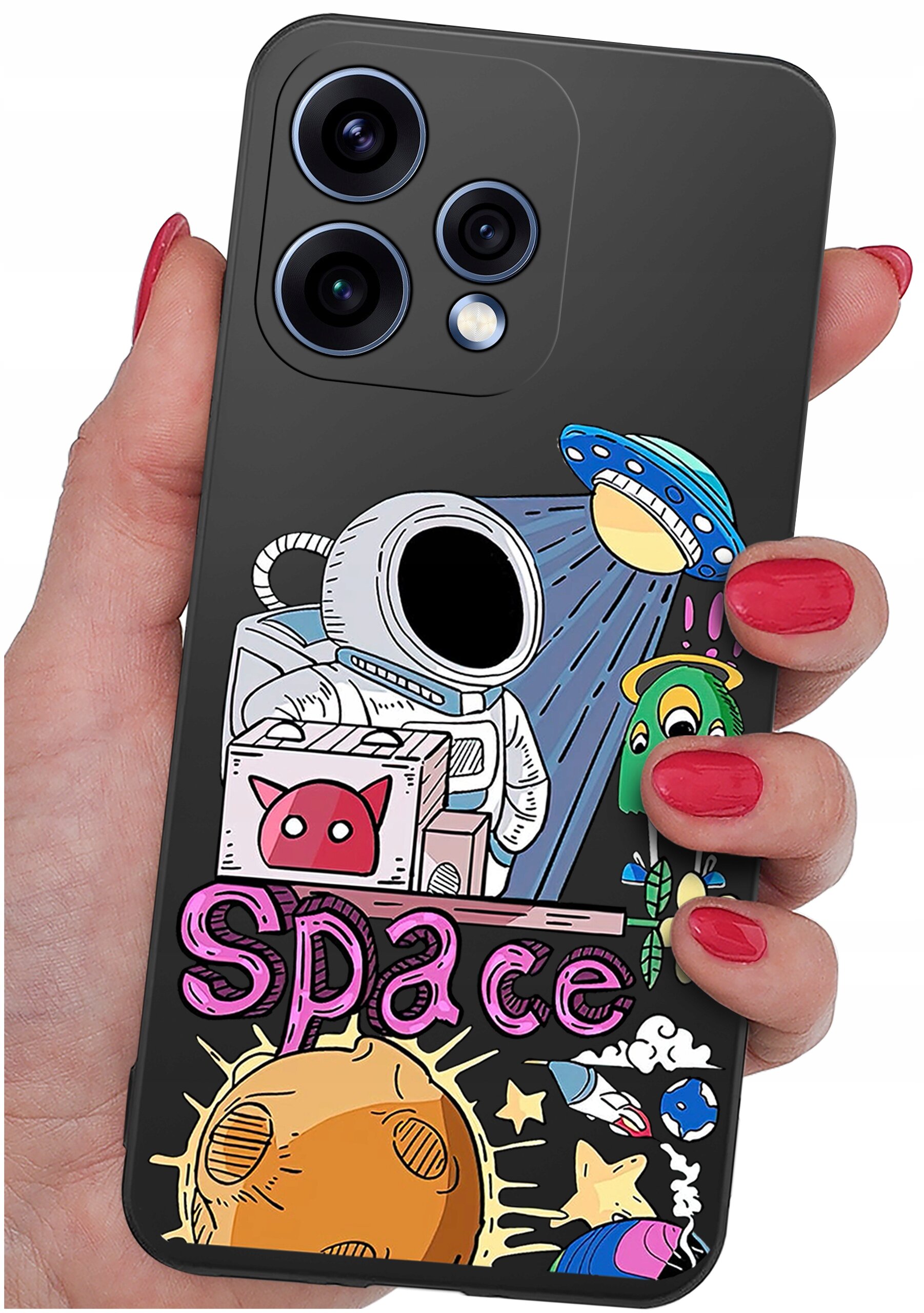 Etui na telefon z kolorowym nadrukiem przedstawiającym astronautę, statek kosmiczny i napisem \'Space\'.