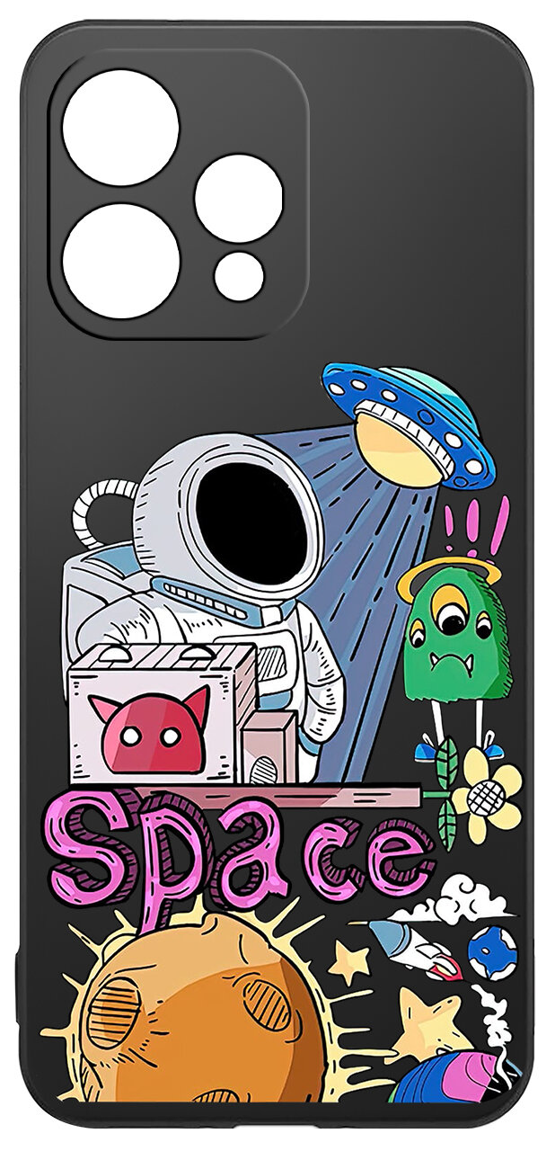 Etui na telefon z kolorowym nadrukiem przedstawiającym astronautę, UFO, zielonego stworka i napis \'Space\'. W tle widoczne są elementy kosmiczne, takie jak planety i gwiazdy.