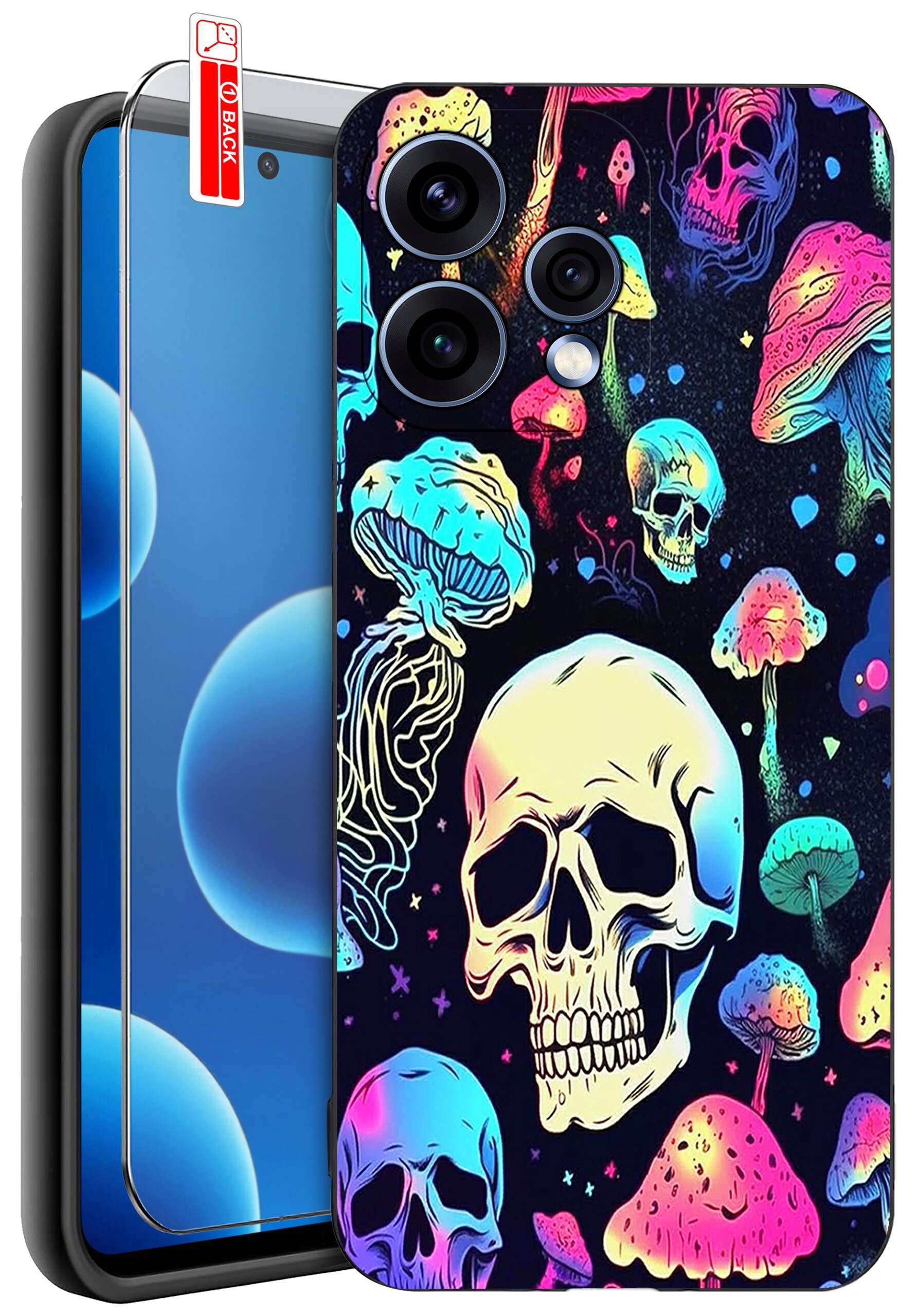 Etui na telefon z kolorowym wzorem czaszek i grzybów, obok widoczne szkło ochronne z napisem \'BACK\'.