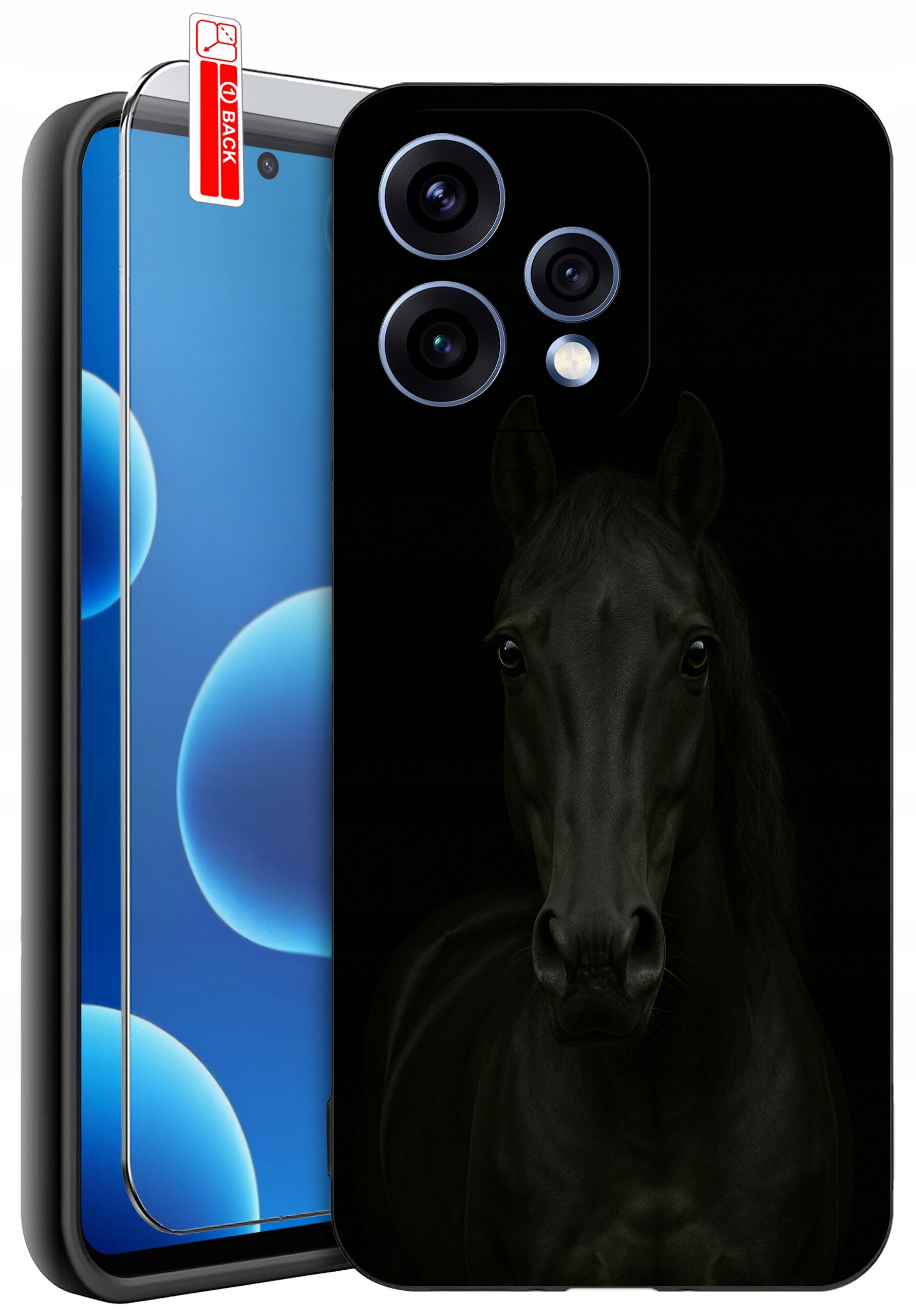 Etui na telefon z nadrukiem czarnego konia, obok którego znajduje się szkło ochronne z napisem \'BACK\'.