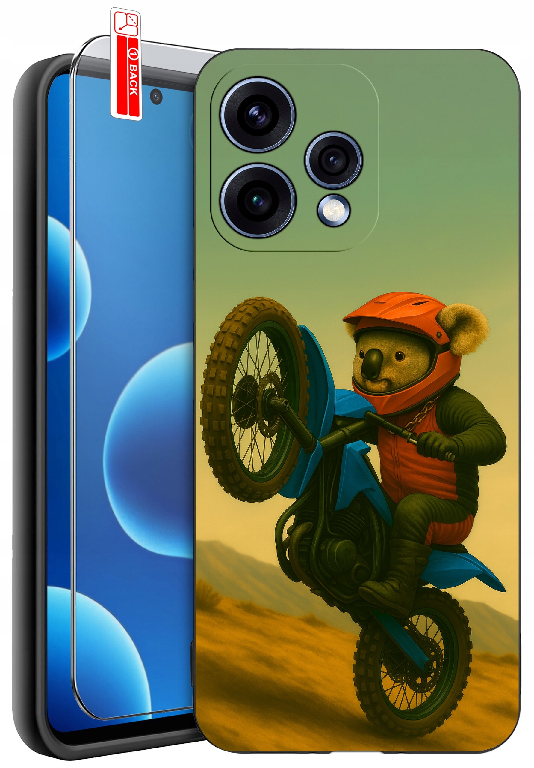 Etui na telefon z nadrukiem koali na motocyklu w kasku i kamizelce. Obok widoczna jest osłona ekranu z napisem \'BACK\'.