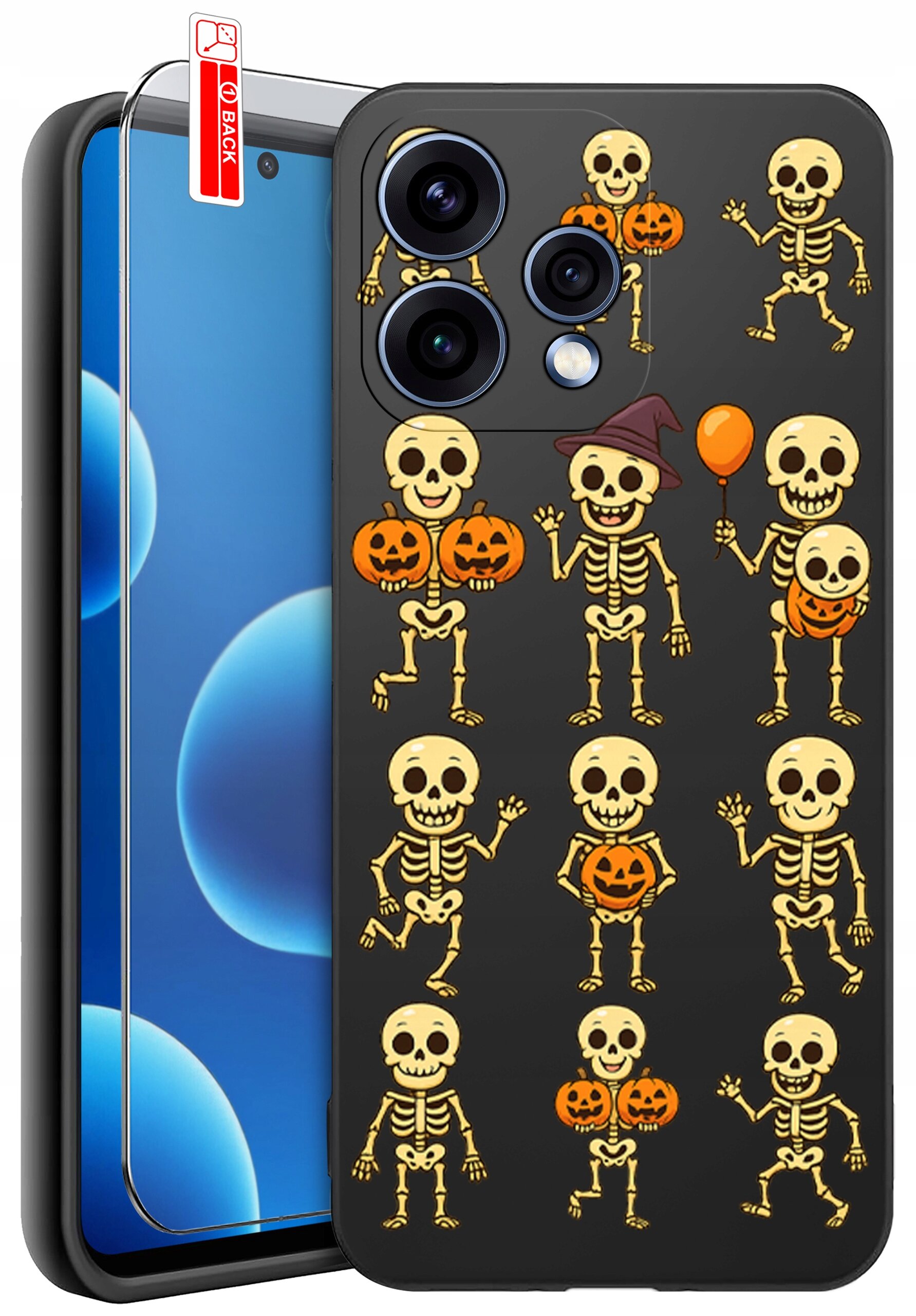 Etui na telefon z motywem szkieletów i dyni na czarnym tle, obok znajduje się szkło ochronne z napisem \'BACK\'.