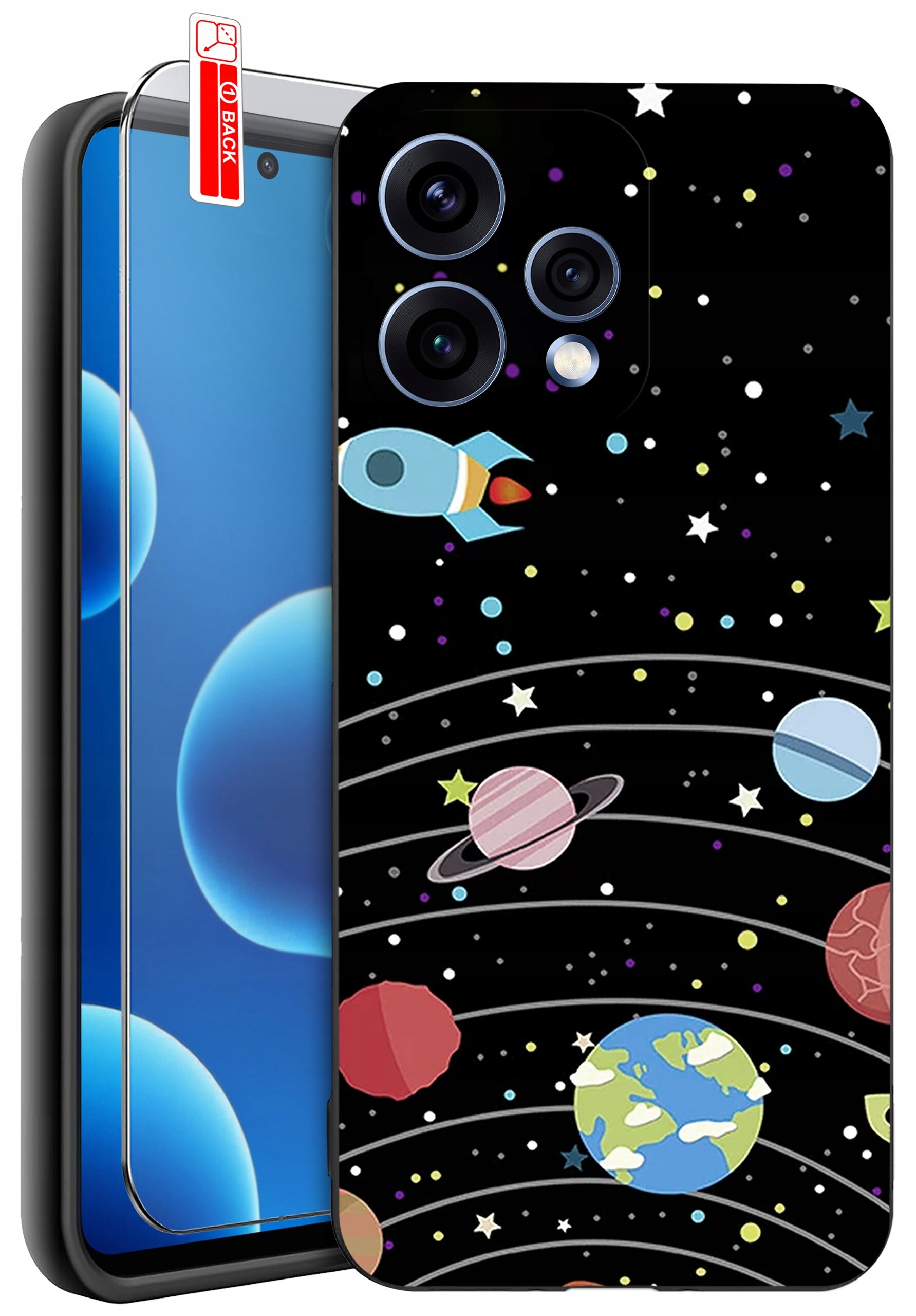 Etui na telefon z motywem kosmosu, przedstawiające planety, gwiazdy i rakietę na czarnym tle. Obok etui znajduje się szkło ochronne z napisem \'BACK\'.