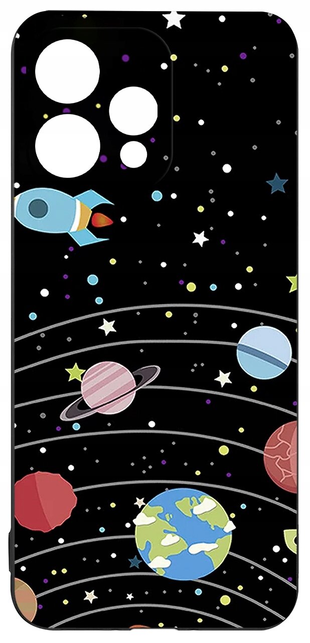 Etui na telefon z motywem kosmosu, przedstawiające planety, gwiazdy i rakietę na czarnym tle. W górnej części znajdują się wycięcia na aparat.