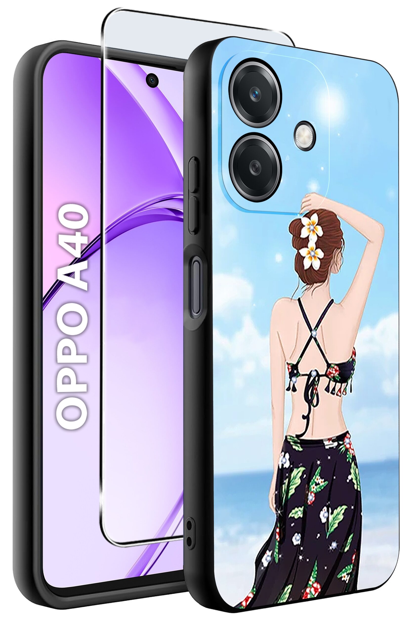 Obraz przedstawia etui na telefon z grafiką kobiety w letniej sukience na tle plaży. Obok widoczny jest telefon z napisem \'OPPO A40\'.