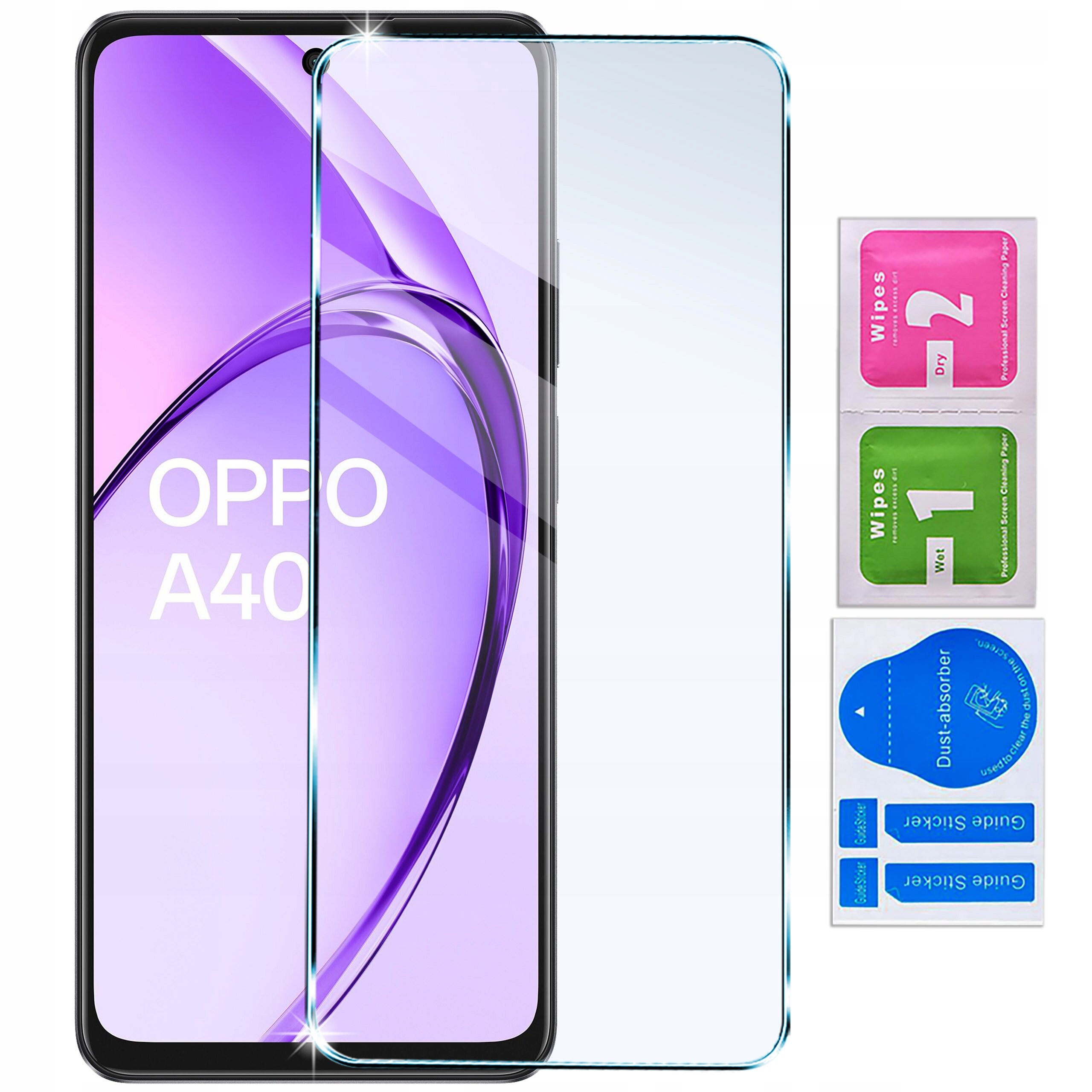 Na obrazie widoczny jest telefon z napisem \'OPPO A80 5G\' oraz przezroczyste szkło ochronne. Obok znajdują się trzy saszetki z napisami: \'Wipes 2 Dry\', \'Wipes 1 Wet\' i \'Dust absorber\'.