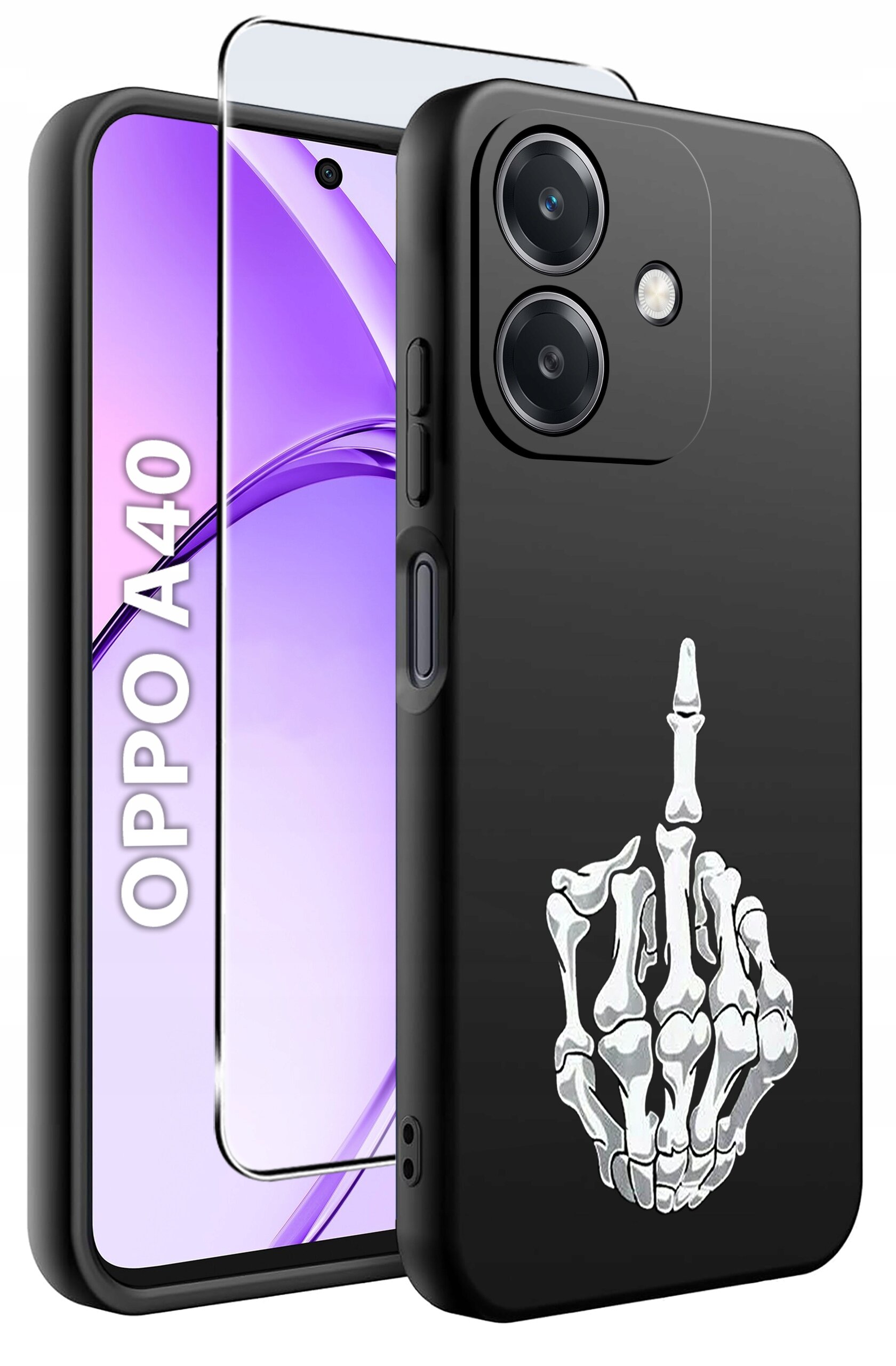 Obraz przedstawia czarne etui na telefon z nadrukiem szkieletowej dłoni pokazującej środkowy palec. Obok znajduje się telefon z napisem \'OPPO A40\' na ekranie oraz szkło ochronne.