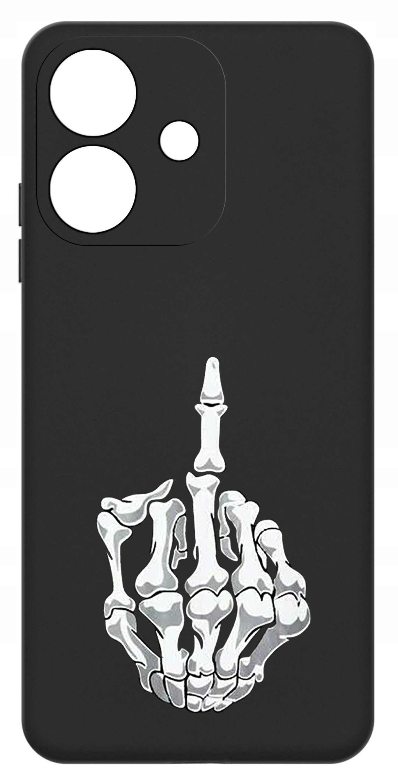 Czarne etui na telefon z nadrukiem białego szkieletu dłoni pokazującego środkowy palec. Etui ma wycięcia na aparat i przyciski.