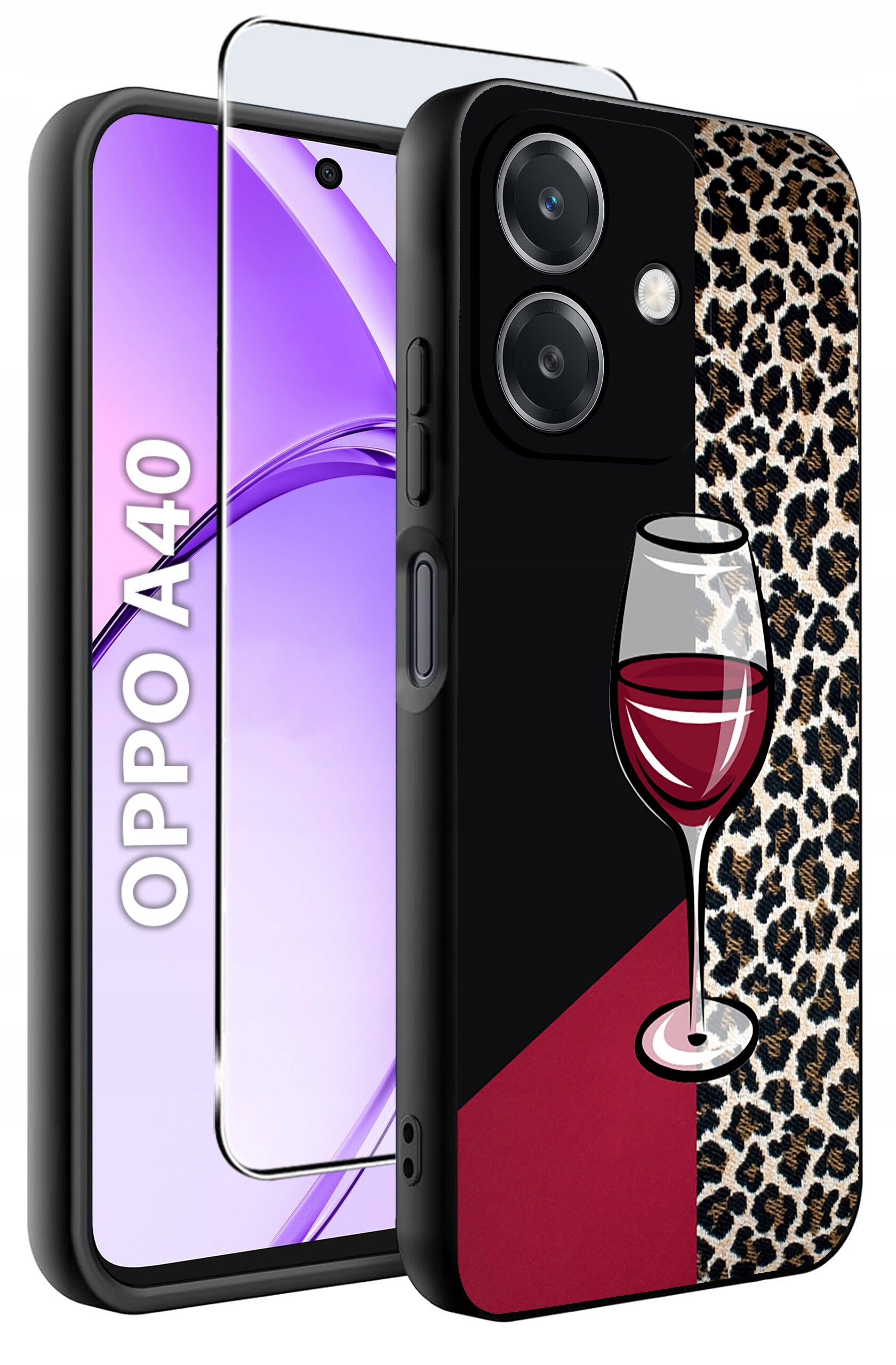Etui na telefon z motywem kieliszka wina i wzorem w cętki, obok znajduje się szkło ochronne. Na ekranie telefonu widoczny jest napis \'OPPO A40\'.
