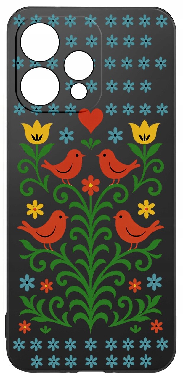 Etui na telefon z czarnym tłem ozdobione kolorowym wzorem ludowym z czerwonymi ptakami, zielonymi liśćmi i kwiatami w kolorach żółtym, niebieskim i czerwonym.
