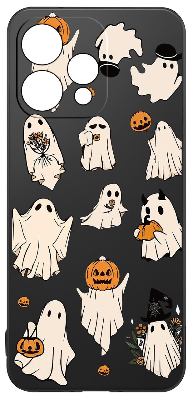 Etui na telefon z czarnym tłem, ozdobione wzorami białych duchów i dyni w stylu Halloween. Wzory są różnorodne, niektóre duchy trzymają dynie lub kwiaty.