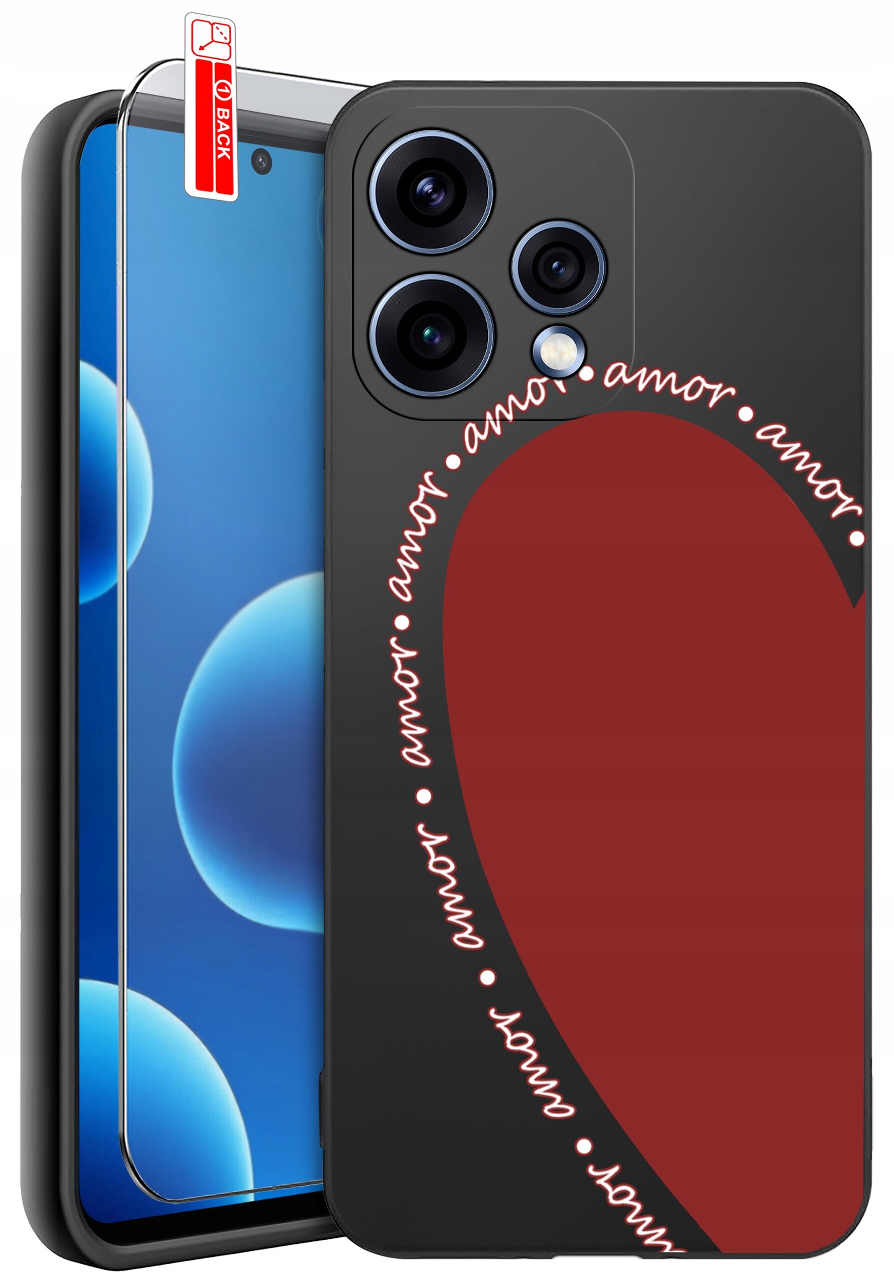 Na obrazie widoczne jest etui na telefon z dużym czerwonym sercem i napisem \'amor\' powtarzającym się wokół serca. Obok etui znajduje się szkło ochronne z oznaczeniem \'BACK\'.