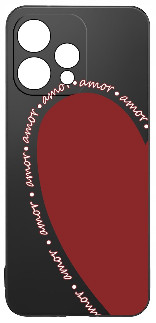 Czarne etui z dużym czerwonym sercem i napisem \'amor\' powtarzającym się wokół serca. Etui ma wycięcia na aparat i inne elementy telefonu.