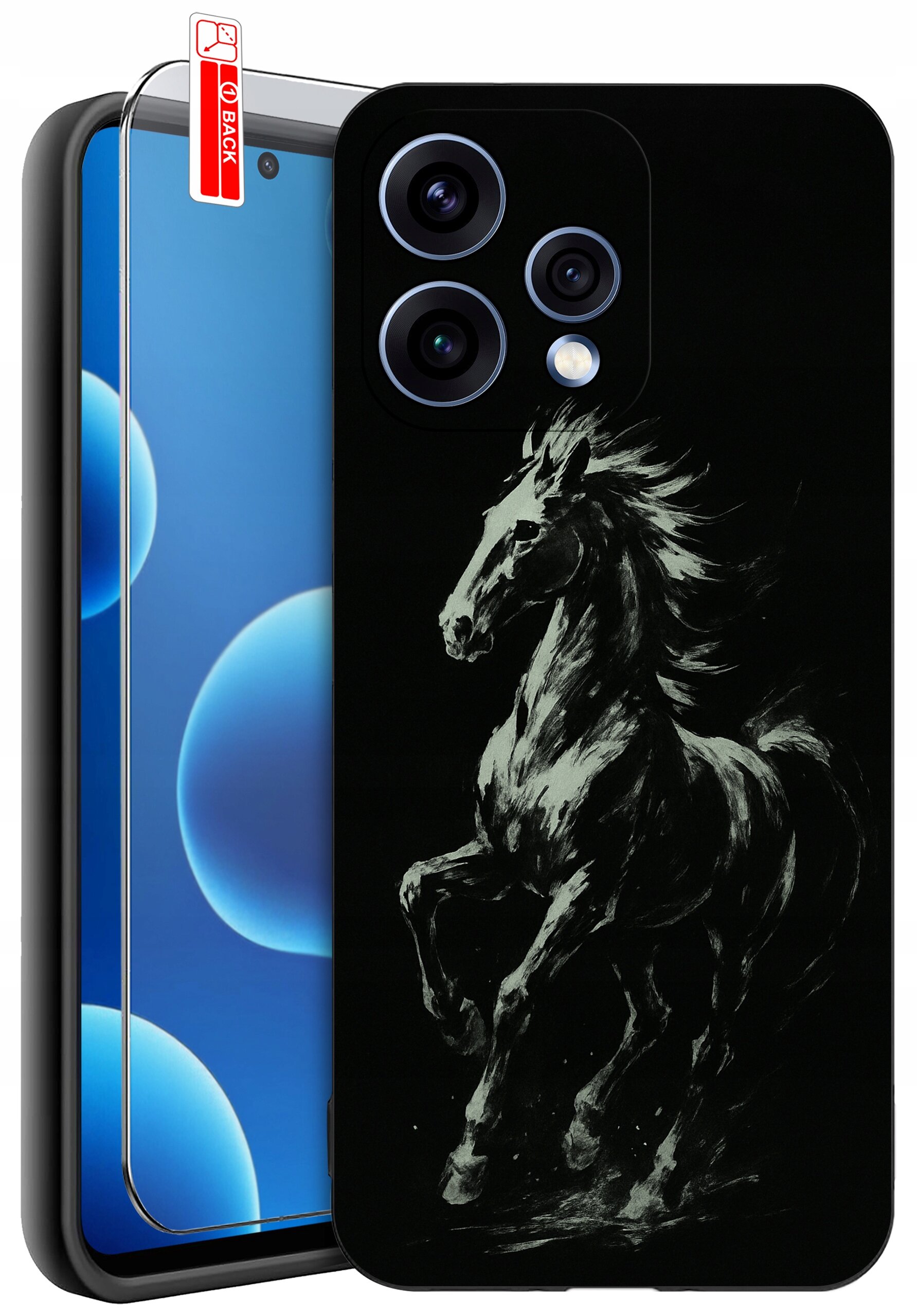 Obraz przedstawia telefon z nałożonym etui z grafiką konia oraz szkłem ochronnym z napisem \'BACK\'.