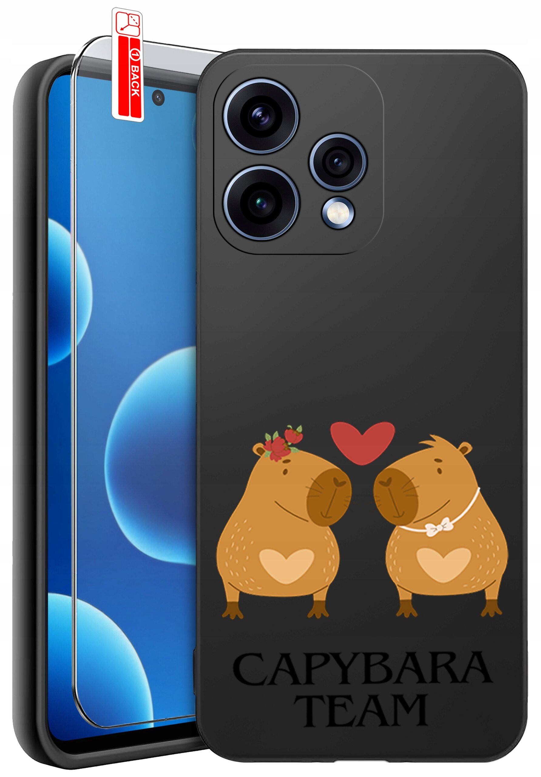Czarne etui na telefon z grafiką dwóch kapibar z sercami na brzuchach i napisem \'CAPYBARA TEAM\'. Obok etui znajduje się szkło ochronne z oznaczeniem \'BACK\'.