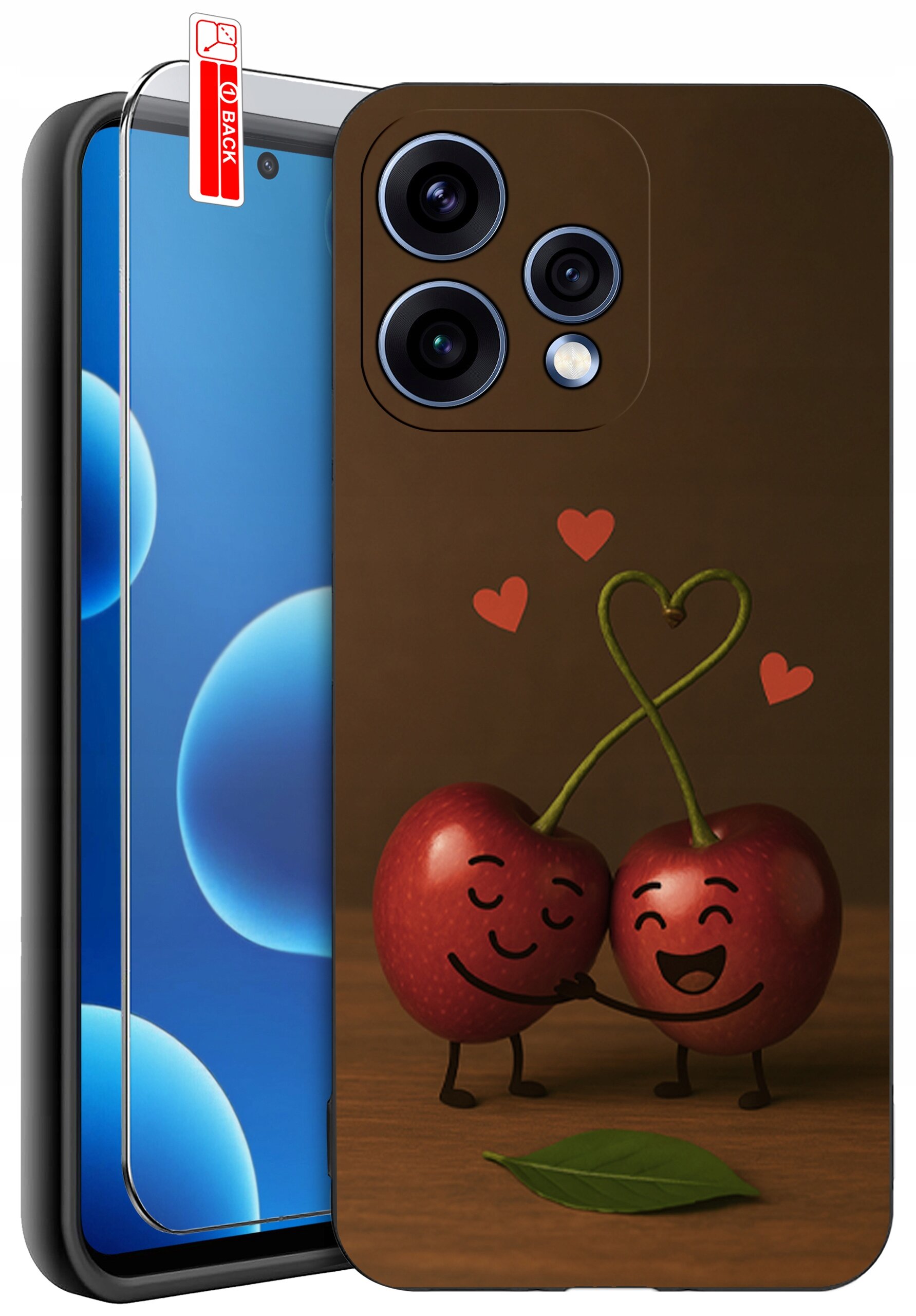 Etui na telefon z grafiką dwóch uśmiechniętych wiśni trzymających się za ręce, z serduszkami nad nimi. Obok znajduje się szkło ochronne z napisem \'BACK\'.