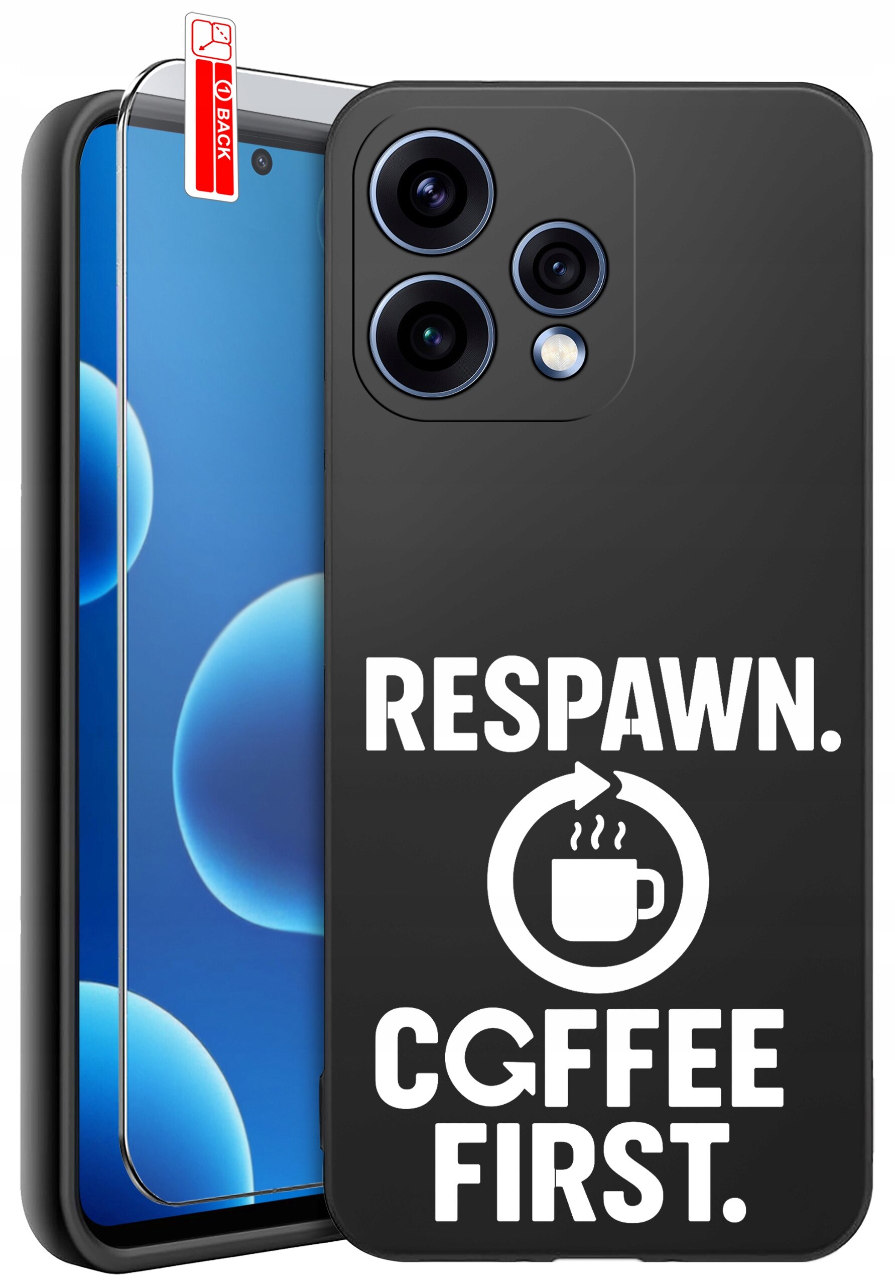 Czarne etui na telefon z napisem \'RESPAWN. COFFEE FIRST.\' oraz ikoną filiżanki. Obok znajduje się szkło ochronne z oznaczeniem \'BACK\'.