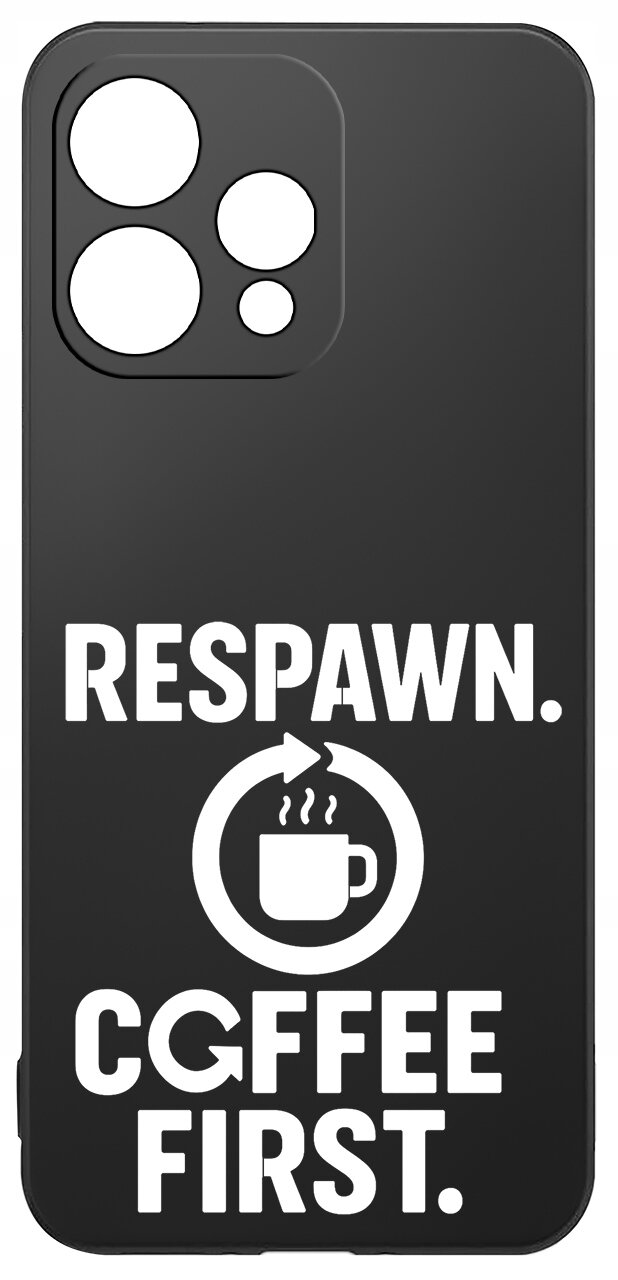 Czarne etui z wycięciami na aparat, ozdobione białym napisem \'RESPAWN. COFFEE FIRST.\' oraz grafiką filiżanki z parą.