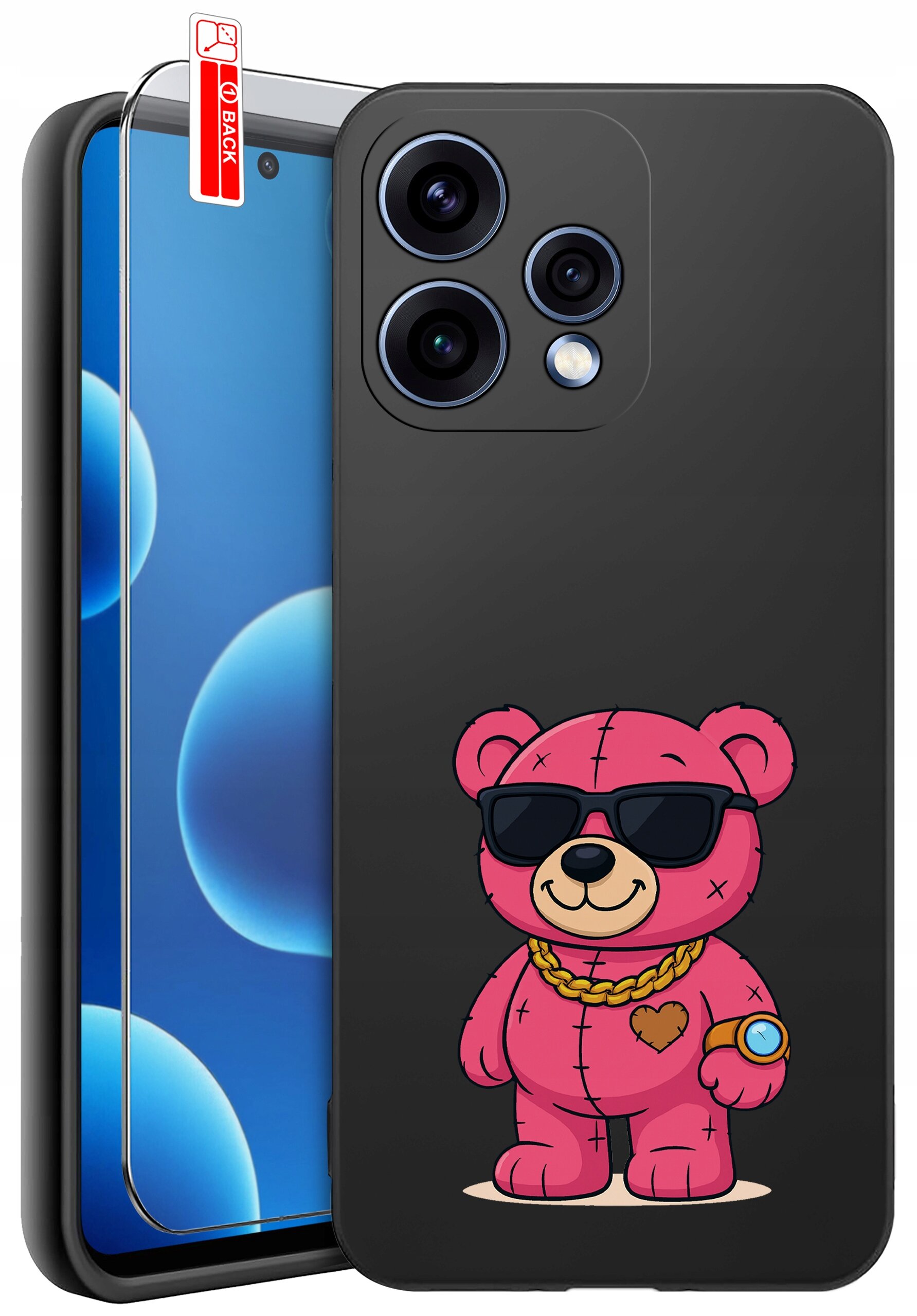 Czarne etui na telefon z nadrukiem różowego misia w okularach przeciwsłonecznych, złotym łańcuszku i zegarku. Obok etui znajduje się szkło ochronne z napisem \'BACK\'.
