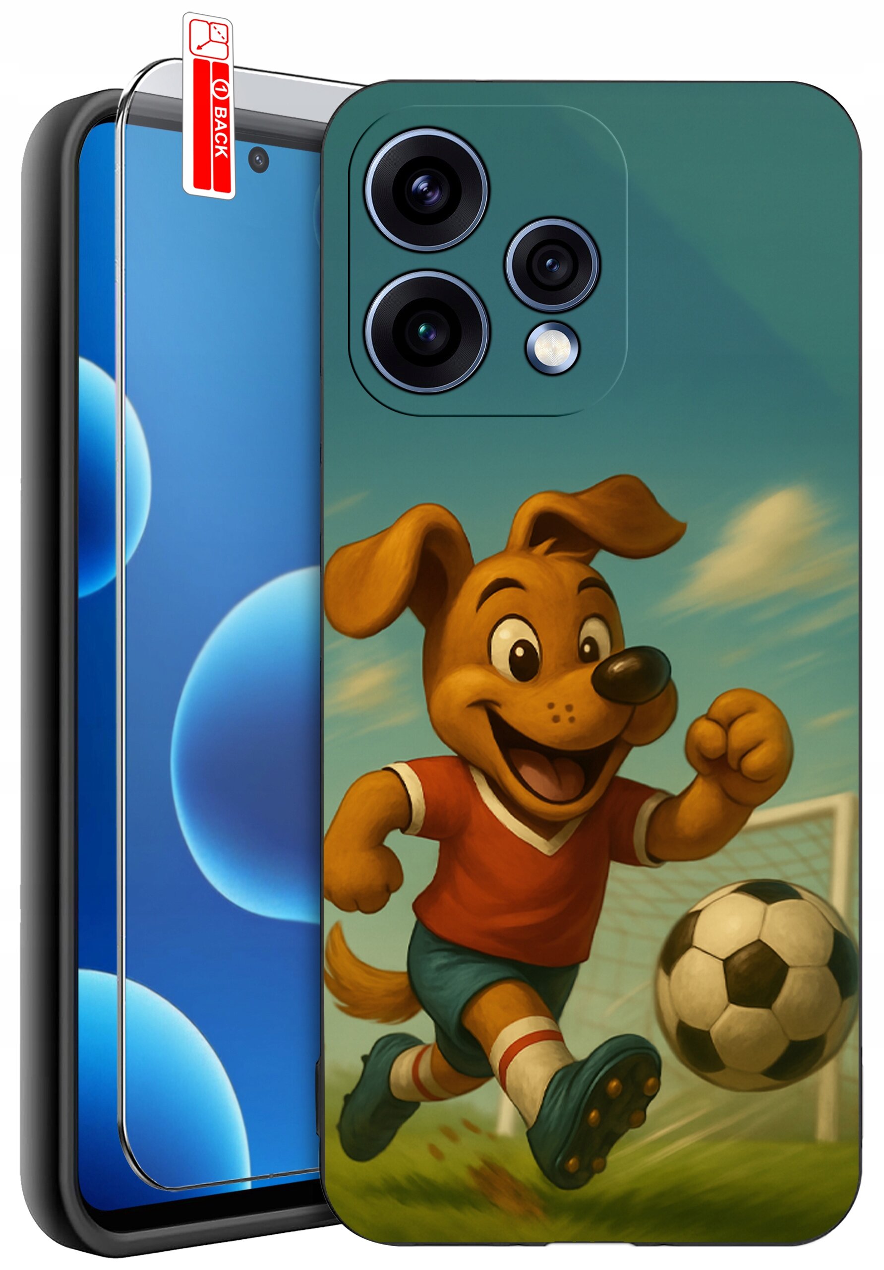 Etui na telefon z nadrukiem psa grającego w piłkę nożną, w zestawie z ochronnym szkłem na ekran. Na etui widoczne są trzy obiektywy aparatu i logo \'BACK\' na szkle ochronnym.