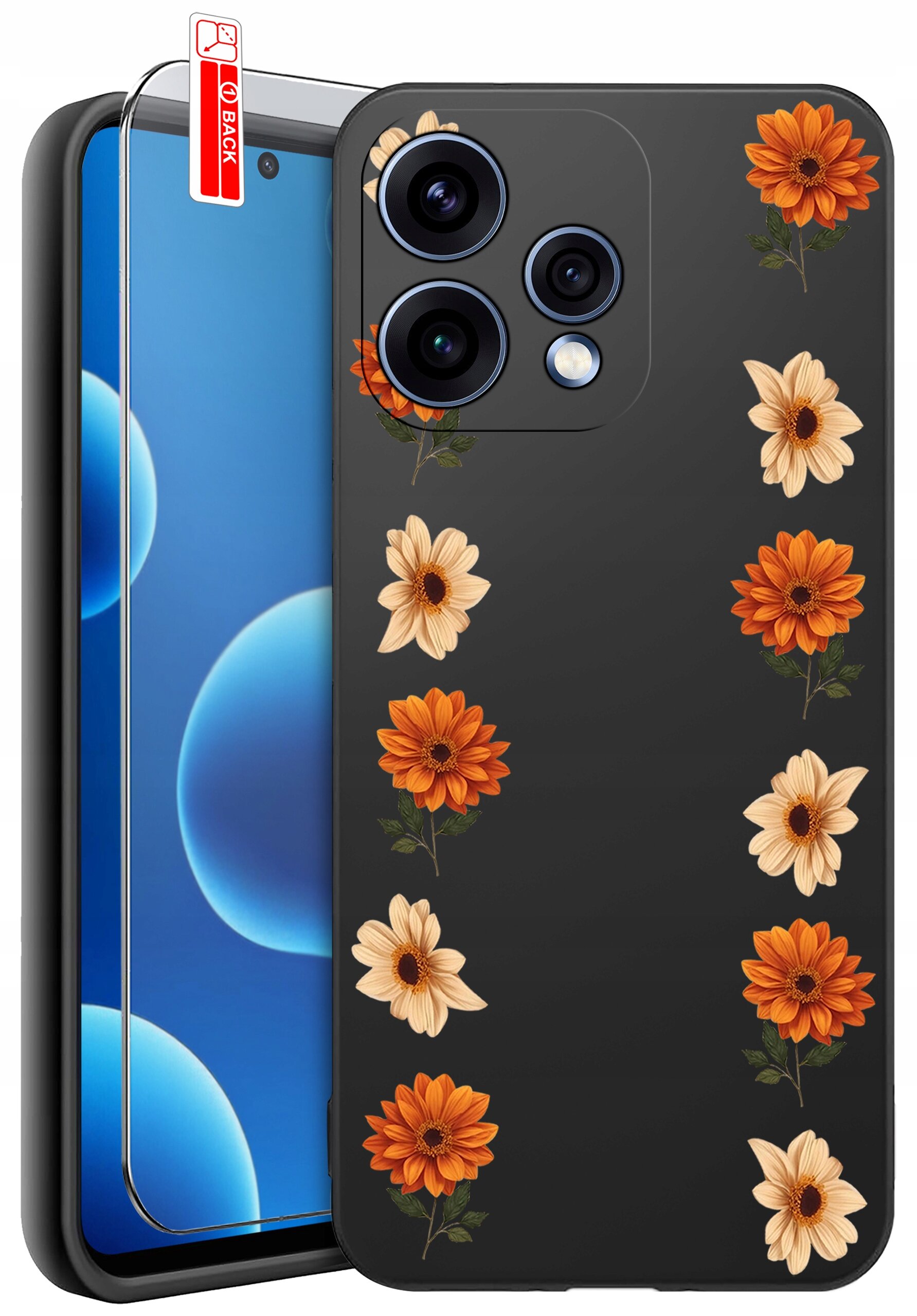 Etui na telefon z motywem kwiatowym w kolorach pomarańczowym i kremowym, obok znajduje się szkło ochronne z napisem \'BACK\'.