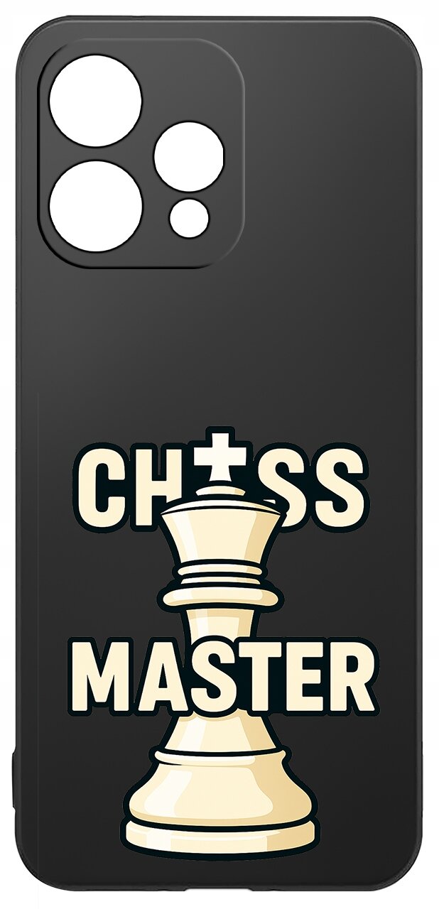 Czarne etui na telefon z grafiką przedstawiającą białą figurę szachową oraz napisem \'CHESS MASTER\'.
