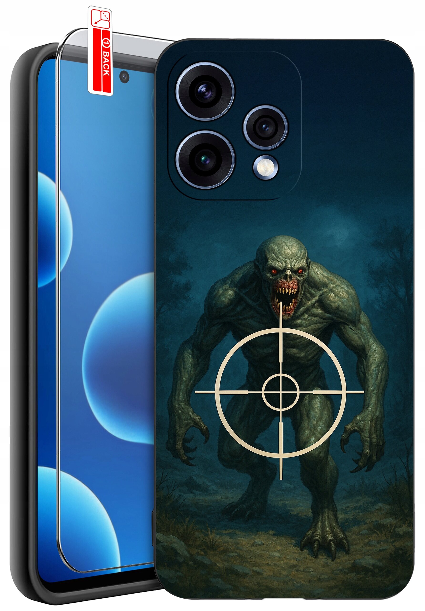 Etui na telefon z grafiką przedstawiającą potwora z czerwonymi oczami i celownikiem na klatce piersiowej. Obok widoczna jest szybka ochronna z napisem \'BACK\'.