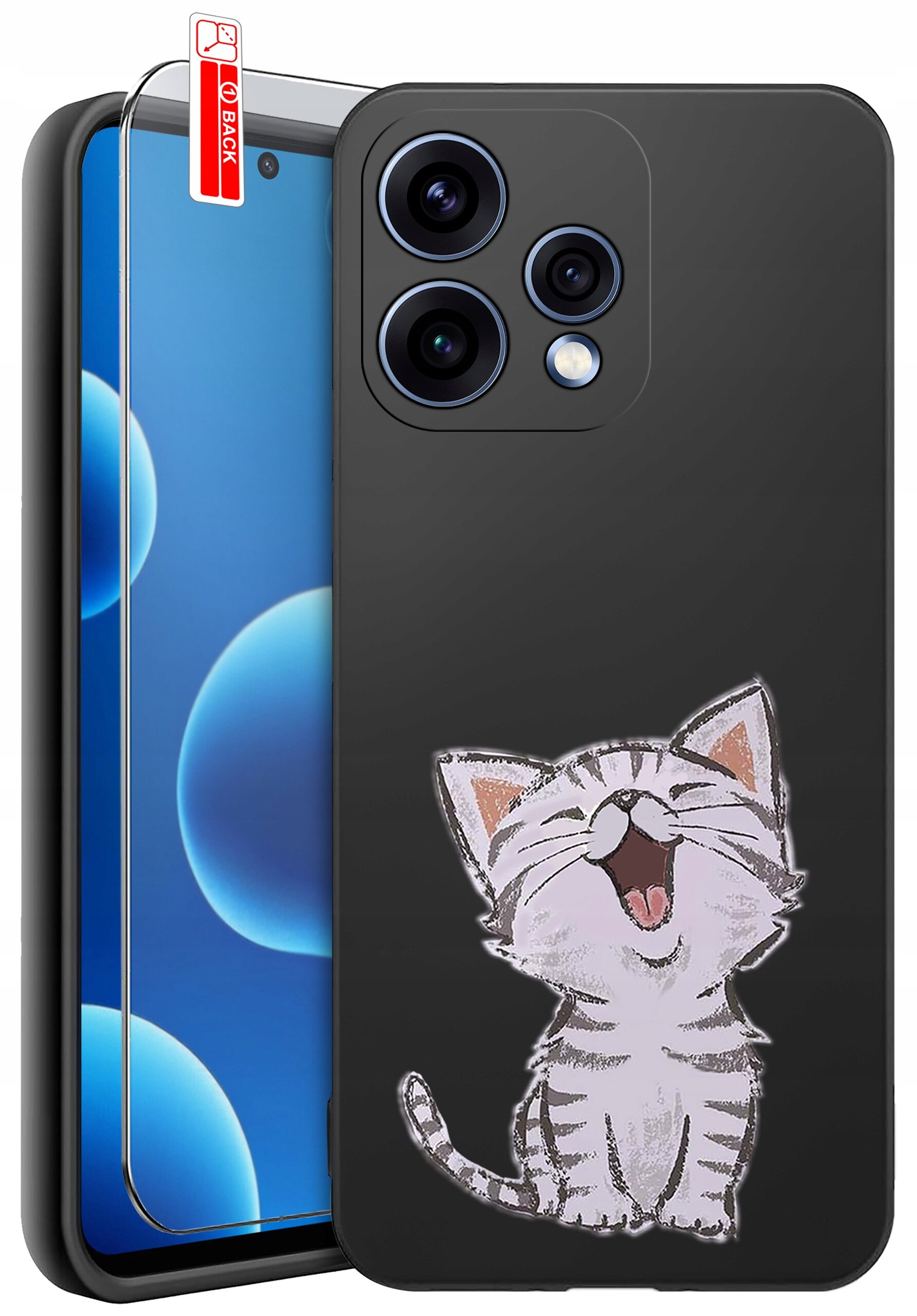 Czarne etui na telefon z rysunkiem uśmiechniętego kota, obok znajduje się szkło ochronne z napisem \'BACK\'.