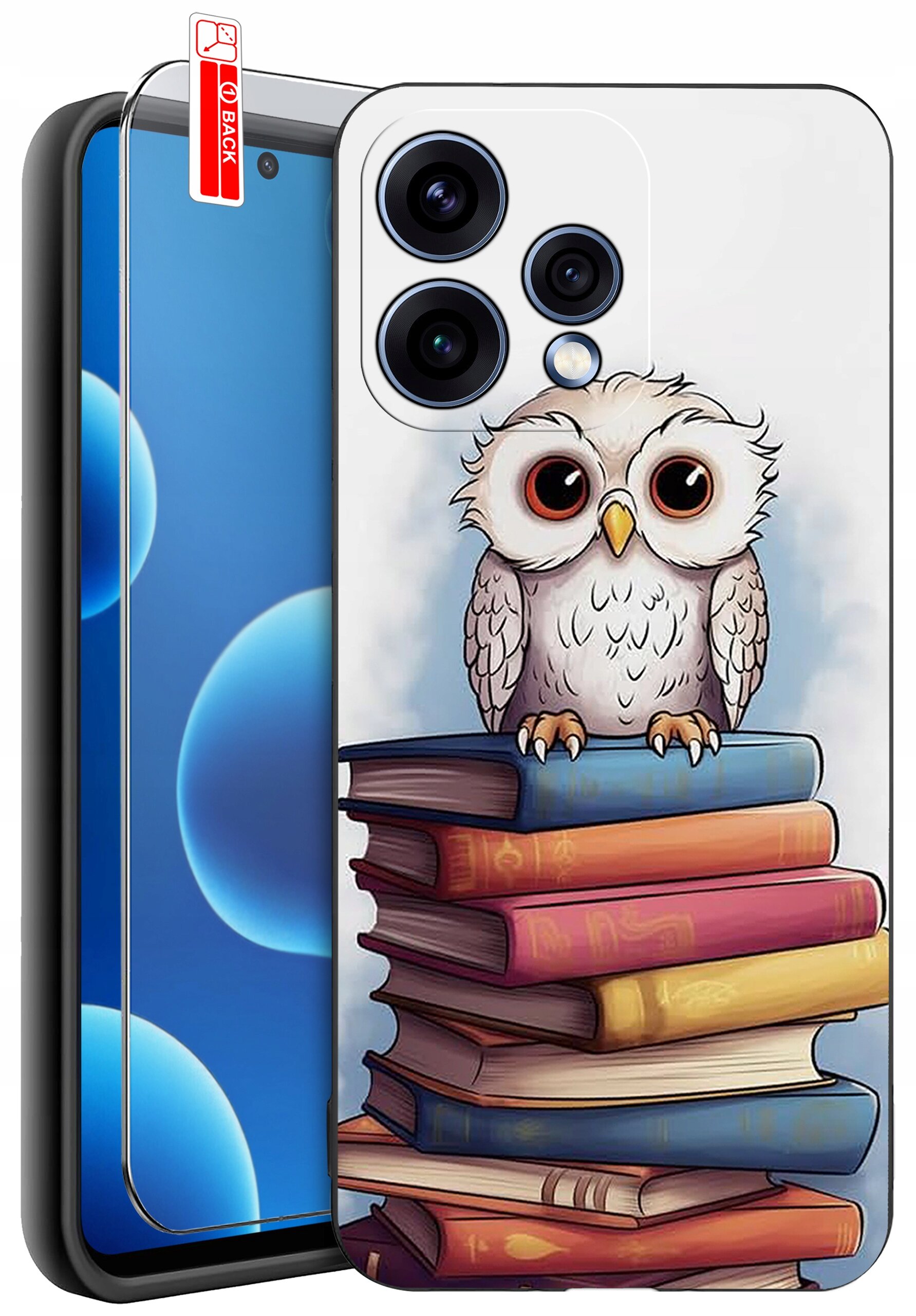 Etui na telefon z nadrukiem sowy siedzącej na stosie książek. Obok widoczne jest szkło ochronne z napisem \'BACK\'.