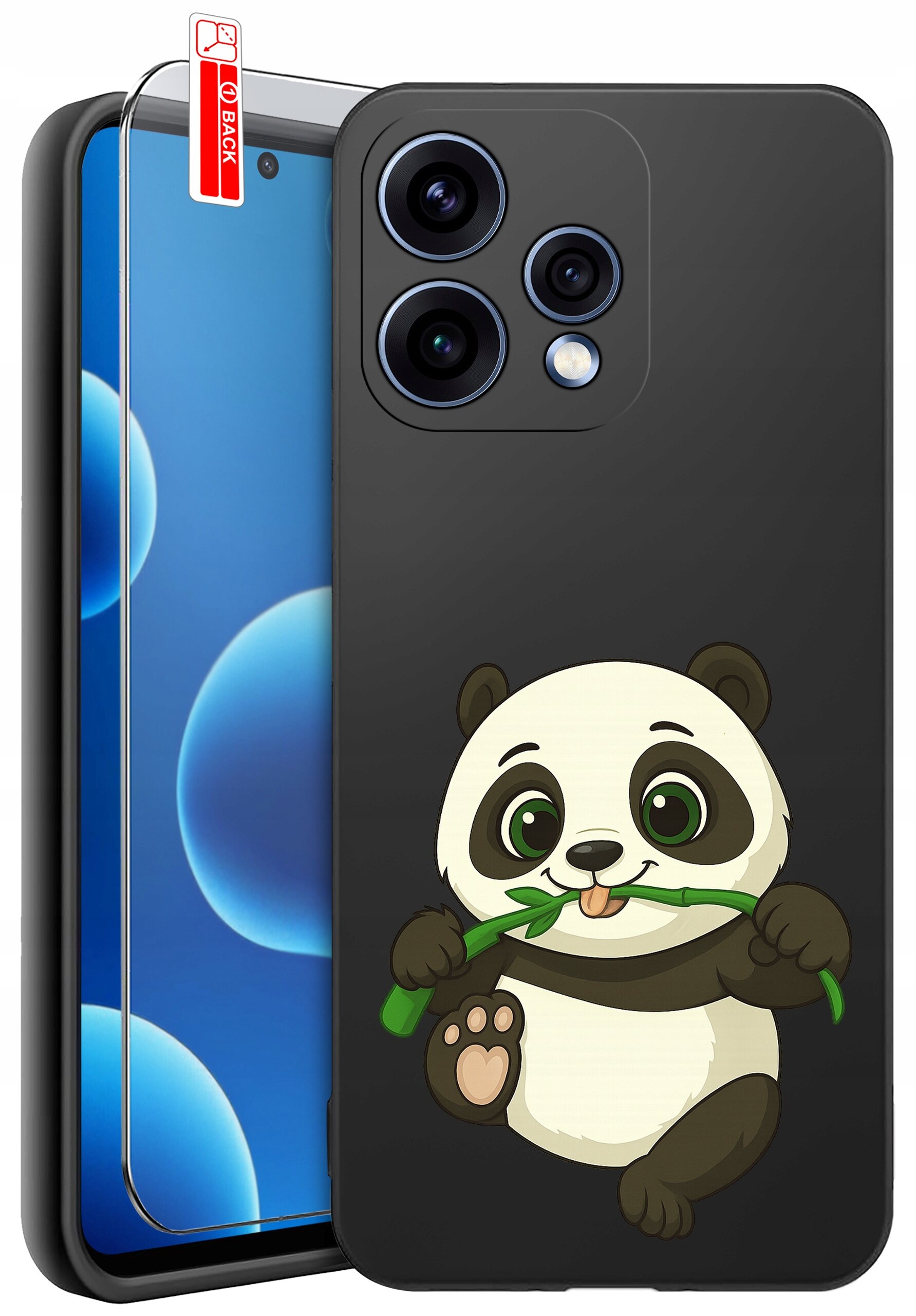 Czarne etui na telefon z rysunkiem pandy trzymającej bambus. Obok znajduje się szkło ochronne z oznaczeniem \'BACK\'.