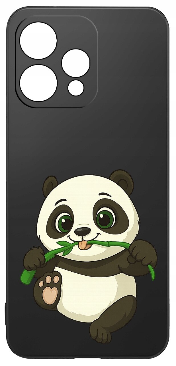 Czarne etui na telefon z grafiką uśmiechniętej pandy trzymającej bambus. Etui posiada wycięcia na aparat w kształcie czterech okręgów.