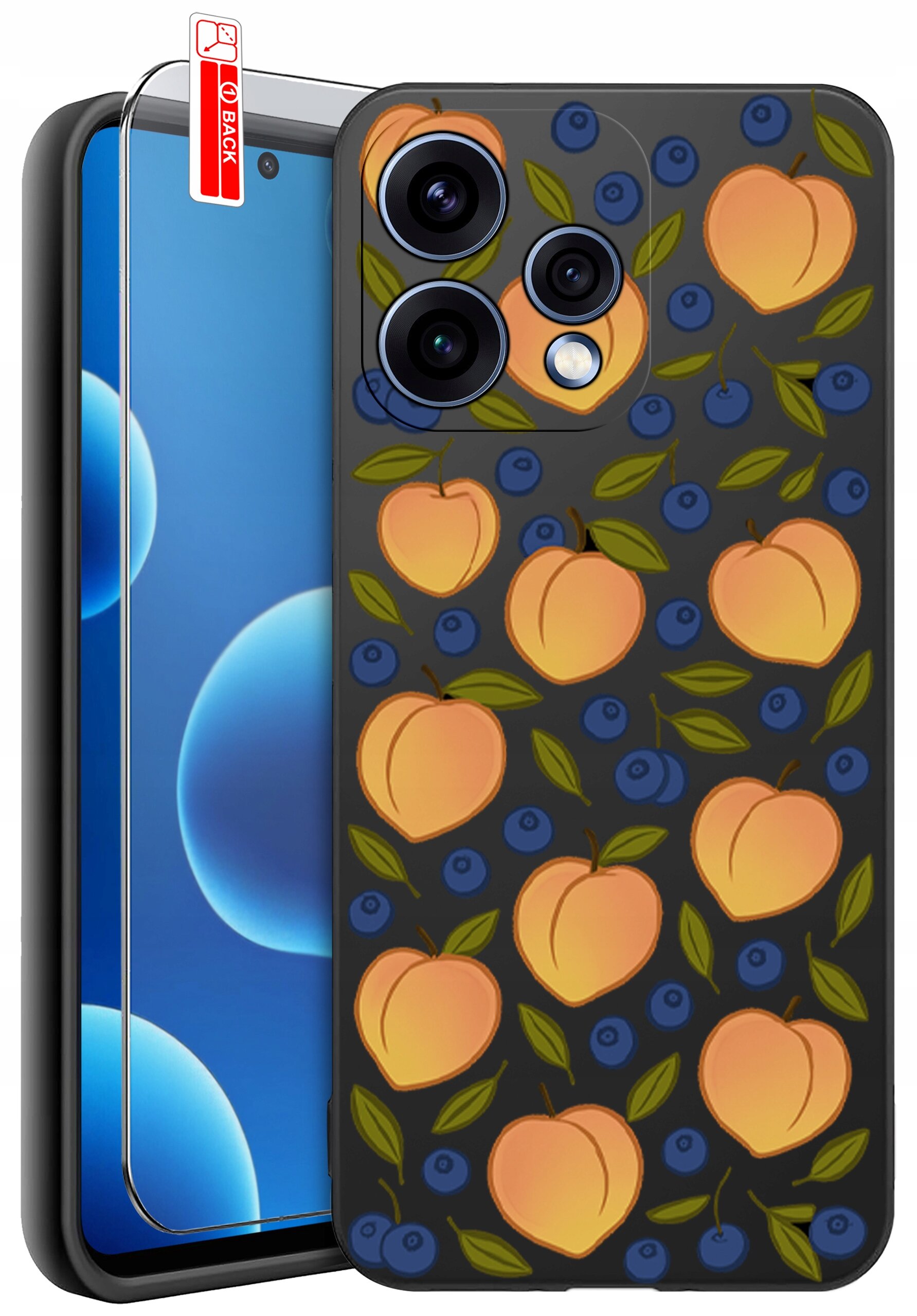 Etui na telefon z wzorem brzoskwiń i jagód na ciemnym tle, obok znajduje się szkło ochronne z napisem \'BACK\'.