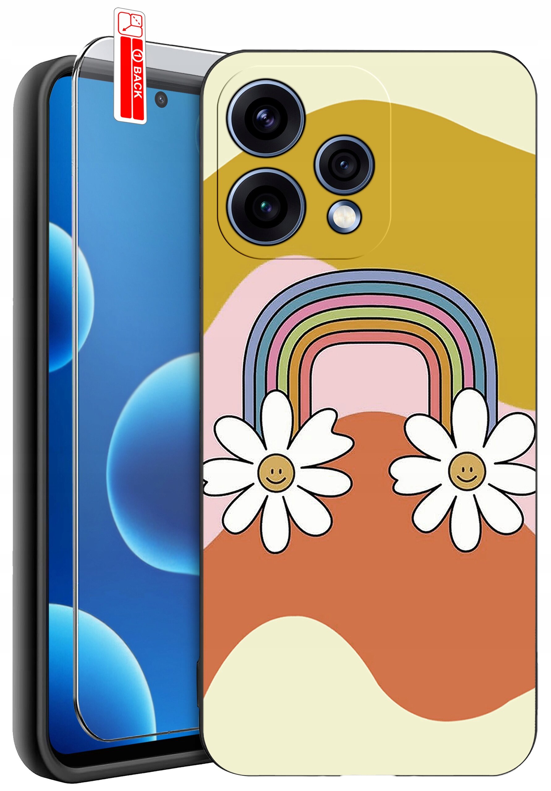 Etui na telefon z kolorowym wzorem tęczy i dwoma kwiatami z uśmiechniętymi buźkami. Obok znajduje się szkło ochronne z etykietą \'BACK\'.