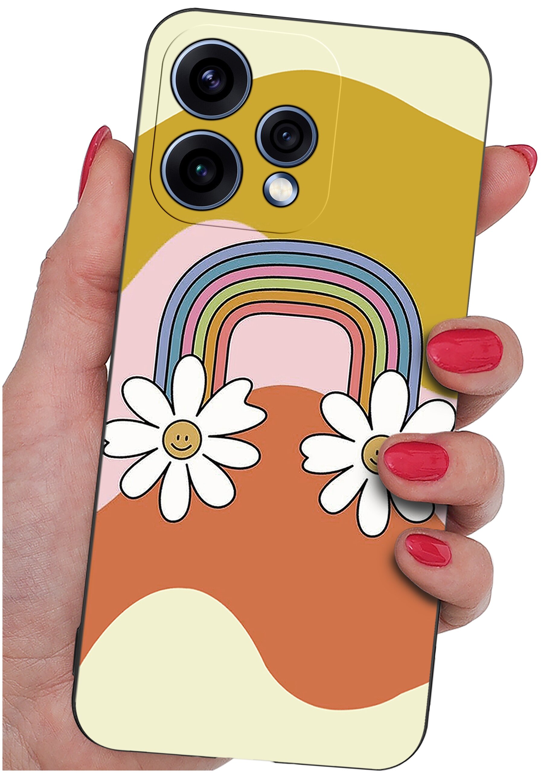 Etui na telefon z kolorowym wzorem tęczy i dwoma kwiatami z uśmiechniętymi buźkami, trzymane w dłoni z pomalowanymi na czerwono paznokciami.