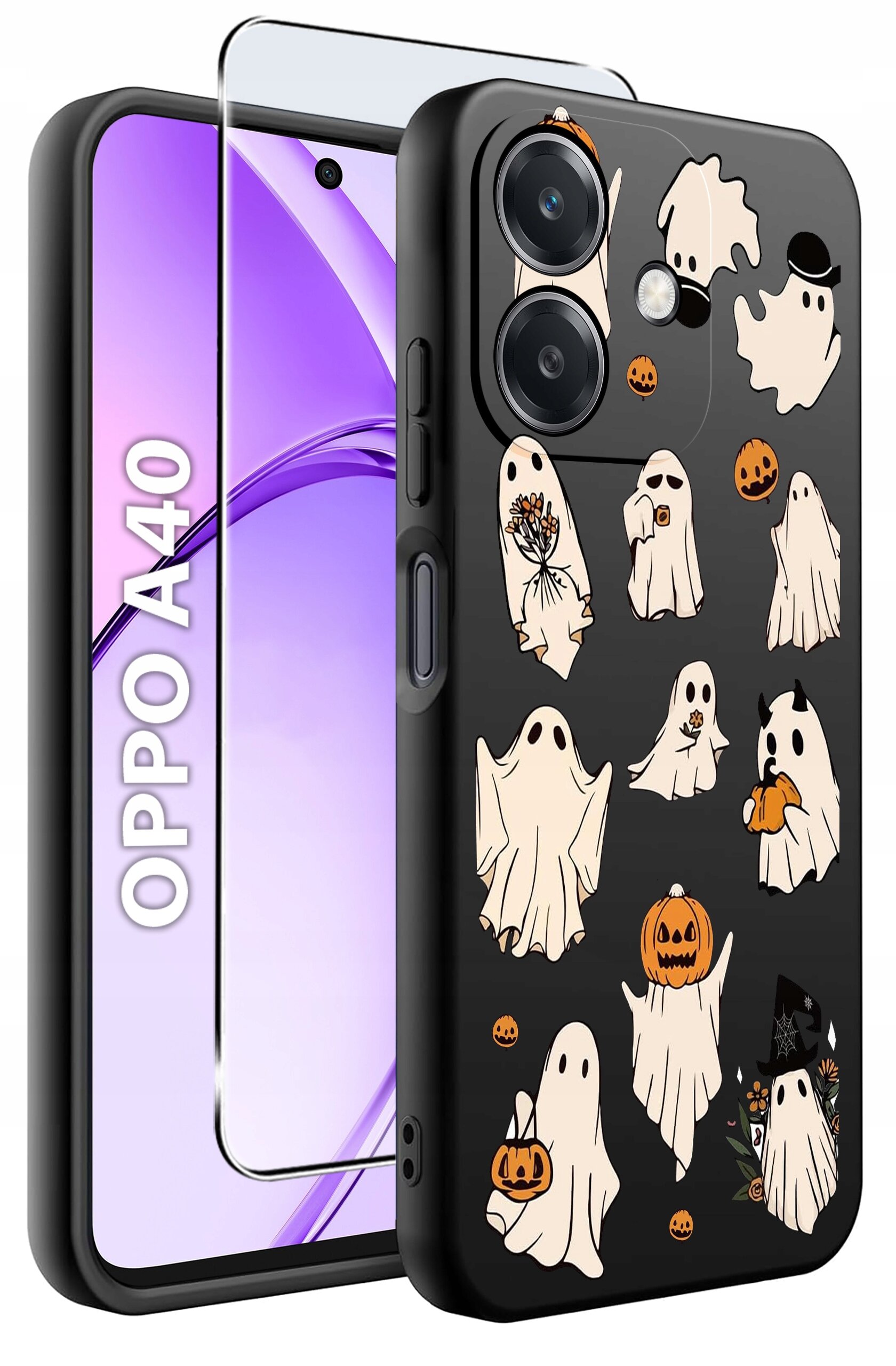 Etui na telefon z motywem duchów i dyni, obok którego znajduje się szkło ochronne. Na ekranie telefonu widoczny jest napis \'OPPO A40\'.