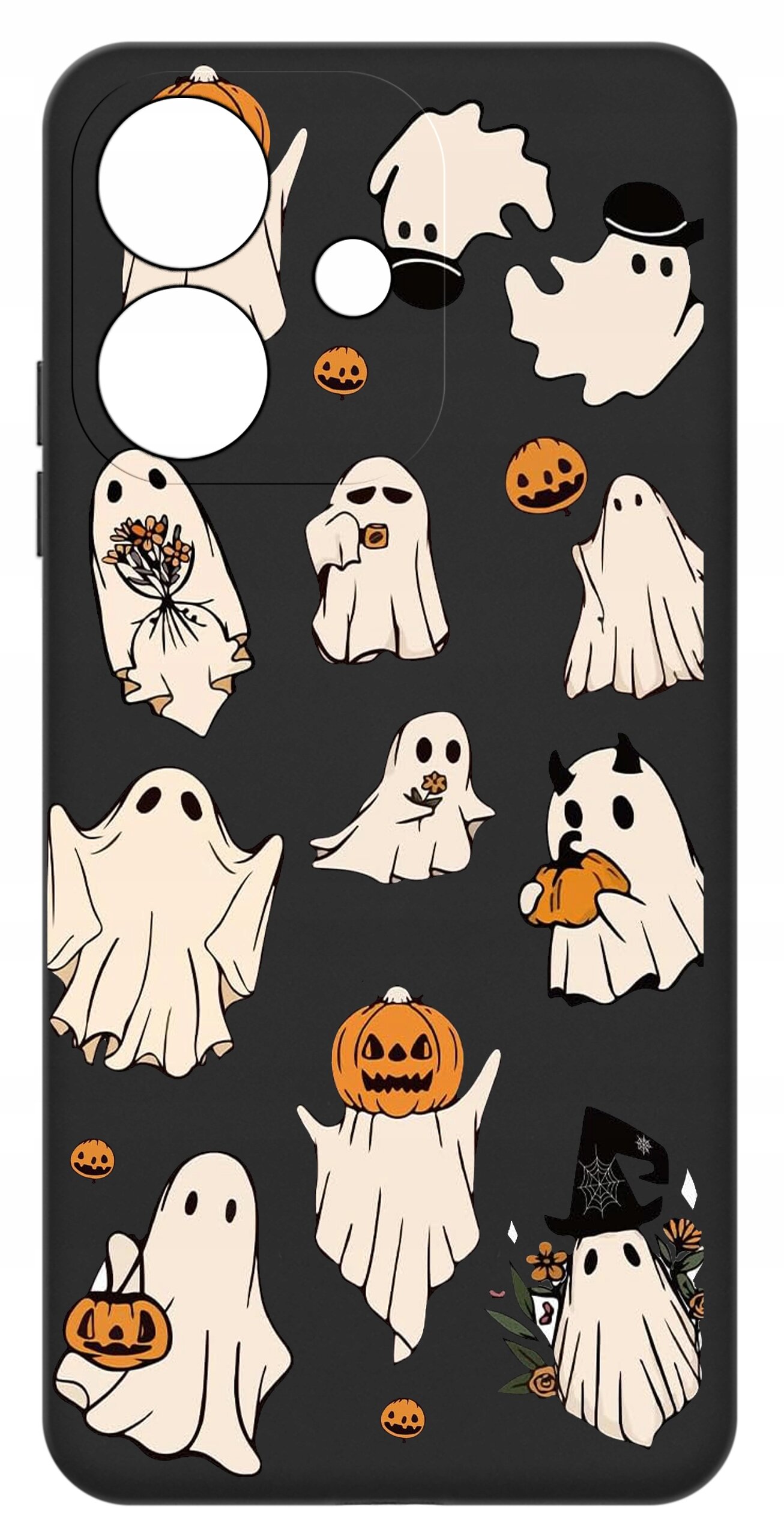 Etui na telefon z czarnym tłem, ozdobione wzorami duchów i dyni w stylu Halloween.