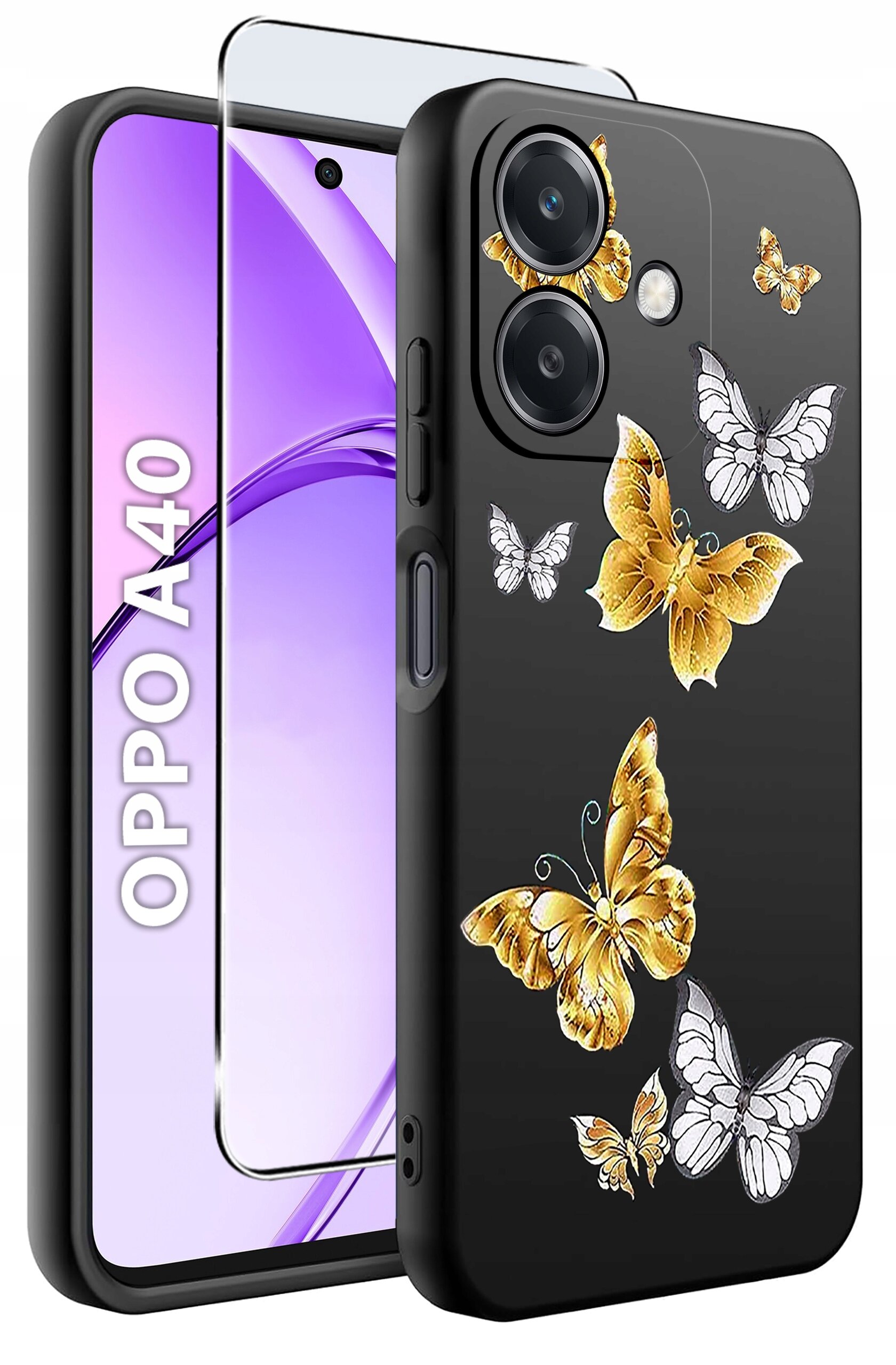 Obraz przedstawia czarne etui na telefon z motywem kolorowych motyli oraz szkło ochronne. Na ekranie telefonu widoczny jest napis \'OPPO A40\'.