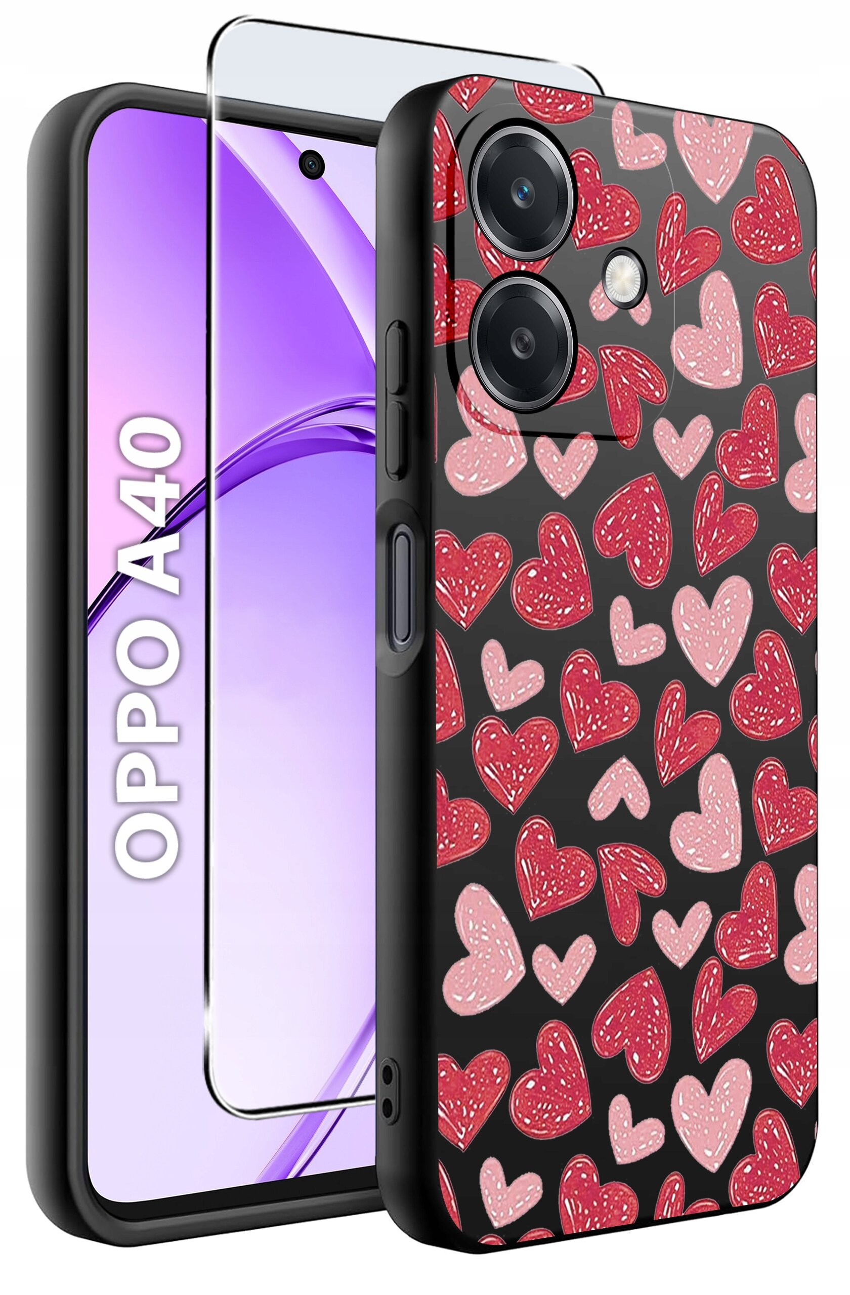 Obraz przedstawia etui na telefon z wzorem czerwonych i różowych serc na czarnym tle oraz szkło ochronne. Na ekranie telefonu widoczny jest napis \'OPPO A40\'.