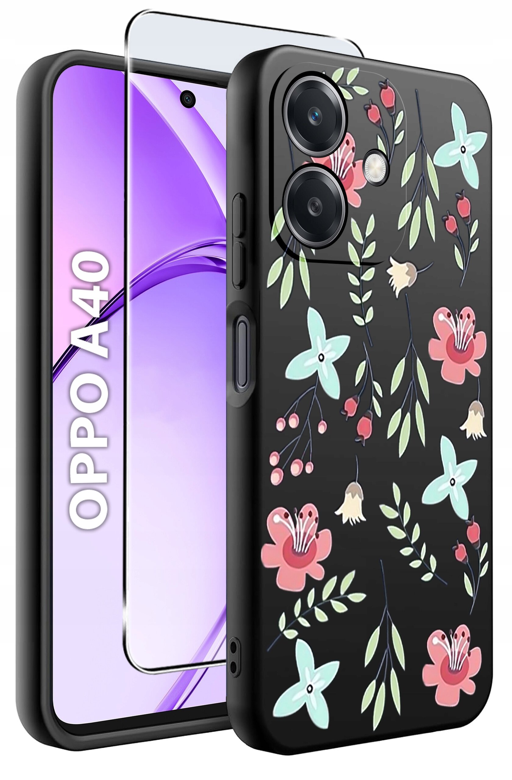 Obraz przedstawia etui na telefon z kwiatowym wzorem w pastelowych kolorach oraz szkło ochronne. Na ekranie telefonu widoczny jest napis \'OPPO A40\'.