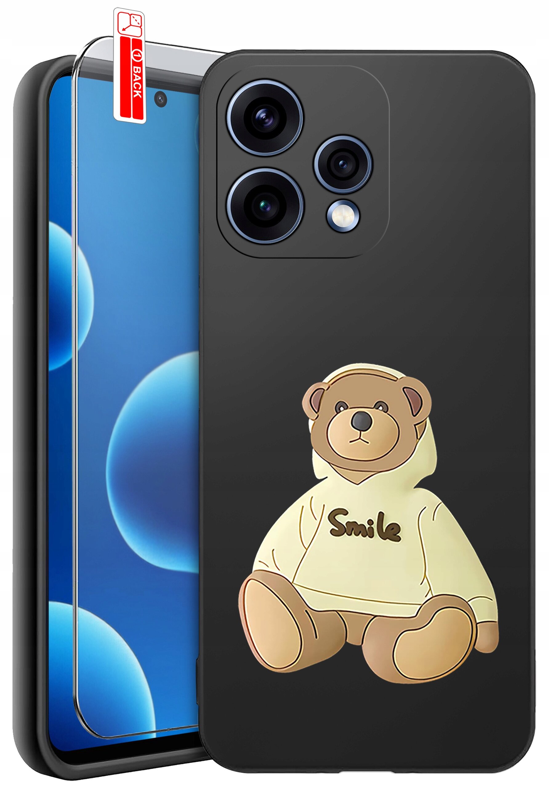 Czarne etui na telefon z nadrukiem misia w bluzie z napisem \'Smile\'. Obok etui znajduje się szkło ochronne z oznaczeniem \'BACK\'.