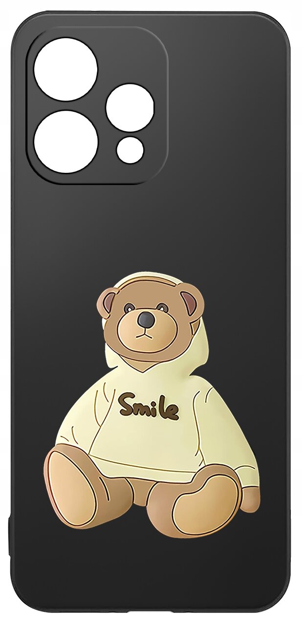 Czarne etui z wycięciami na aparat, ozdobione grafiką misia w bluzie z napisem \'Smile\'.