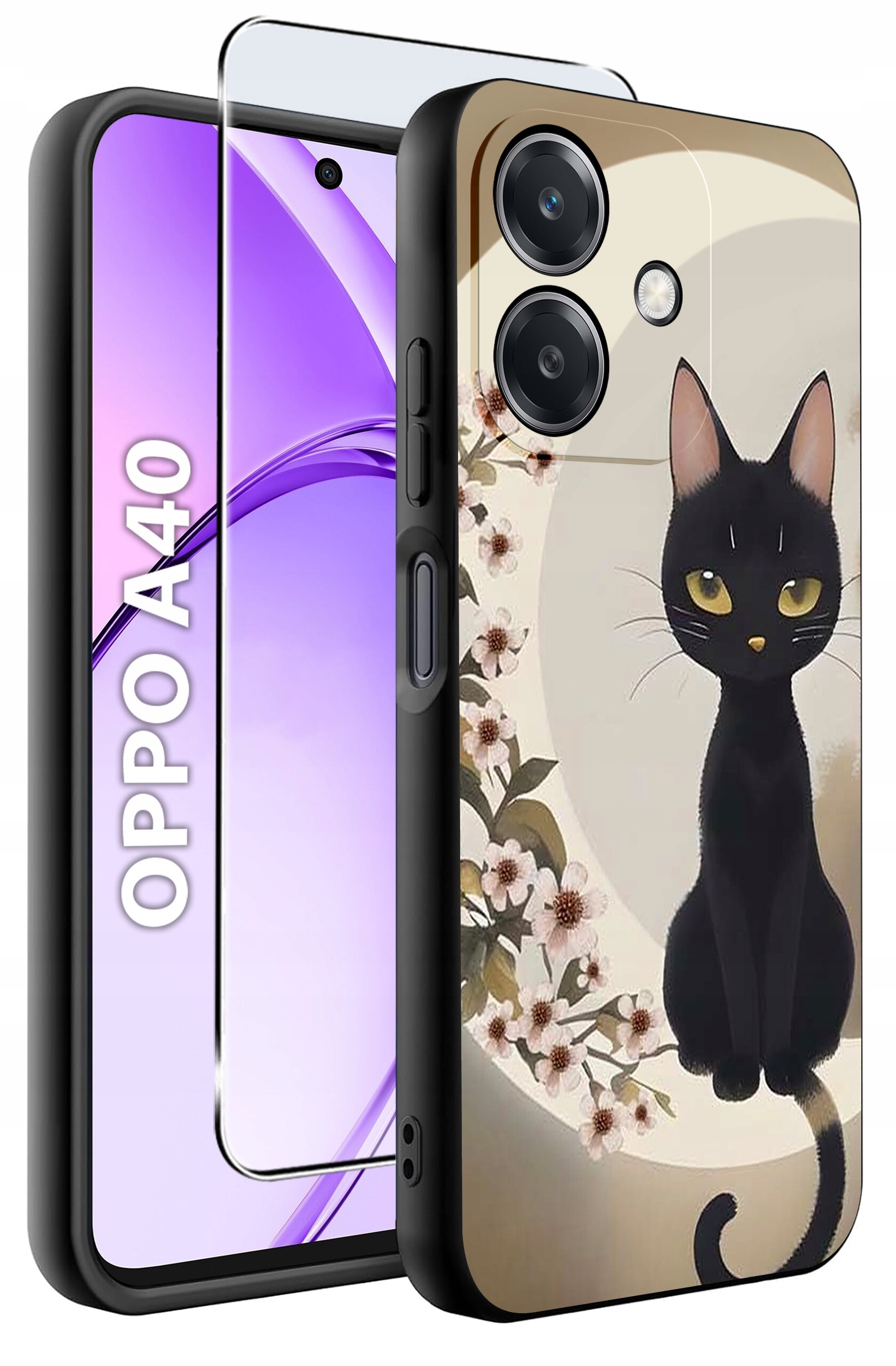 Etui na telefon z grafiką czarnego kota na tle kwiatów, obok widoczny telefon z napisem \'OPPO A40\'.