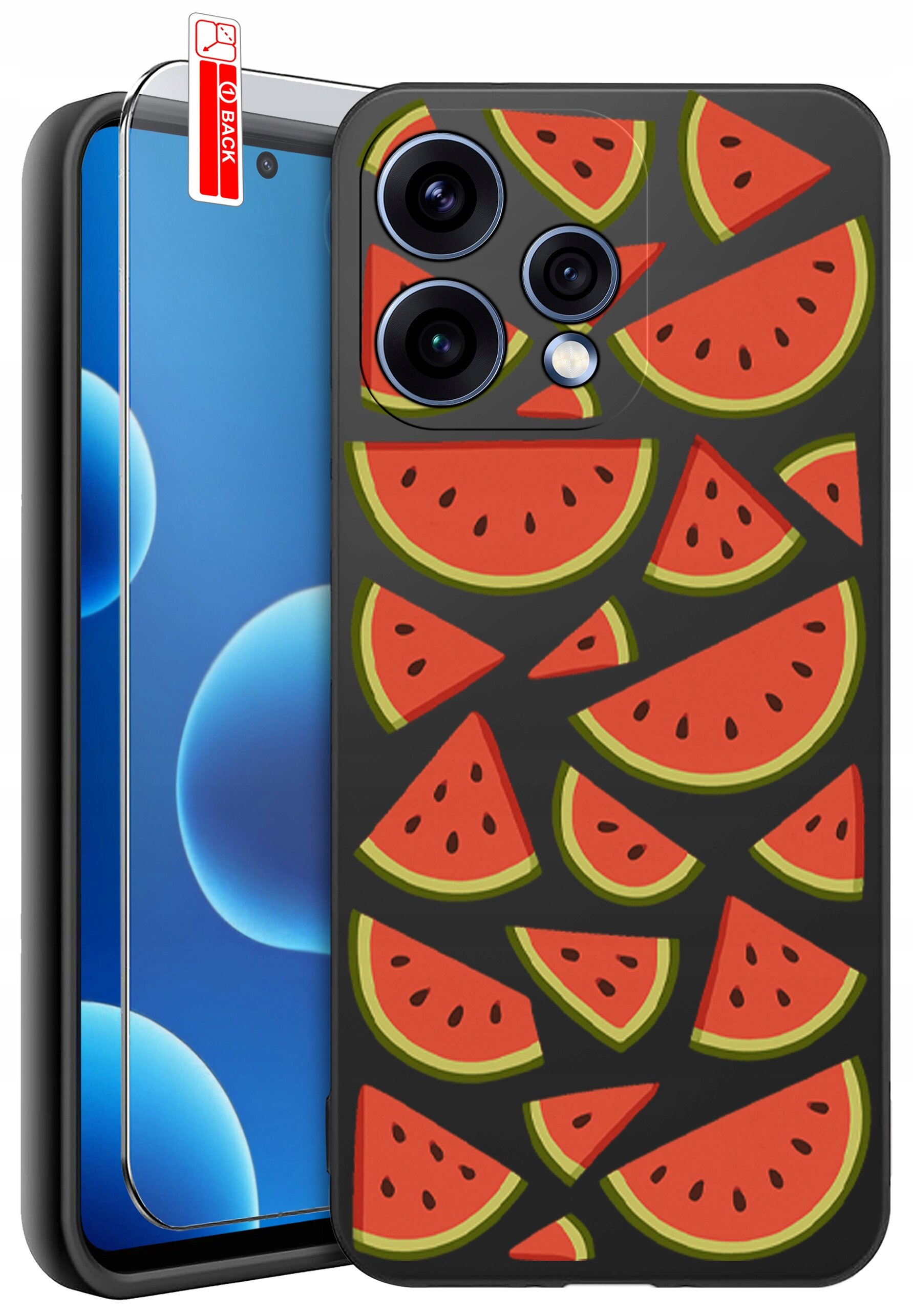 Obraz przedstawia telefon z nałożonym etui ozdobionym wzorem w plastry arbuza. Obok telefonu znajduje się szkło ochronne z etykietą \'BACK\'.