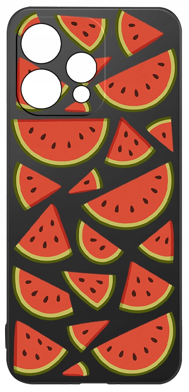 Etui na telefon z wzorem czerwonych kawałków arbuza na czarnym tle. Etui posiada wycięcia na aparat i przyciski.