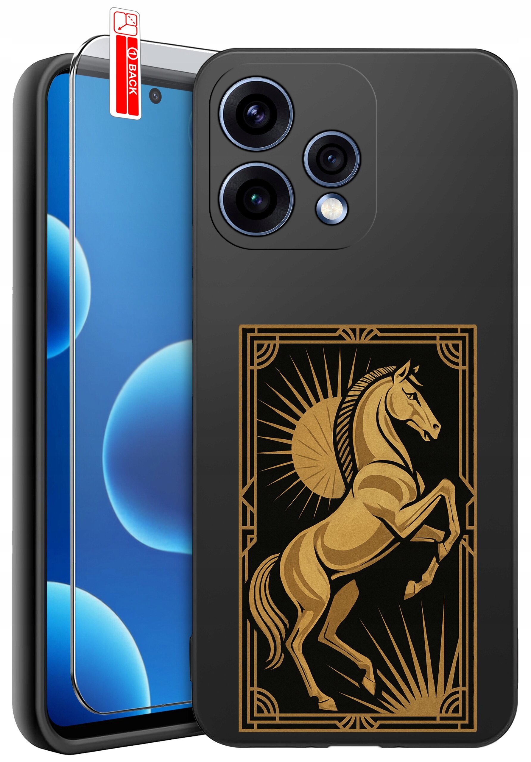 Obraz przedstawia czarne etui na telefon z wzorem złotego konia na tylnej części. Obok etui znajduje się szkło ochronne z czerwoną naklejką z napisem \'BACK\'.