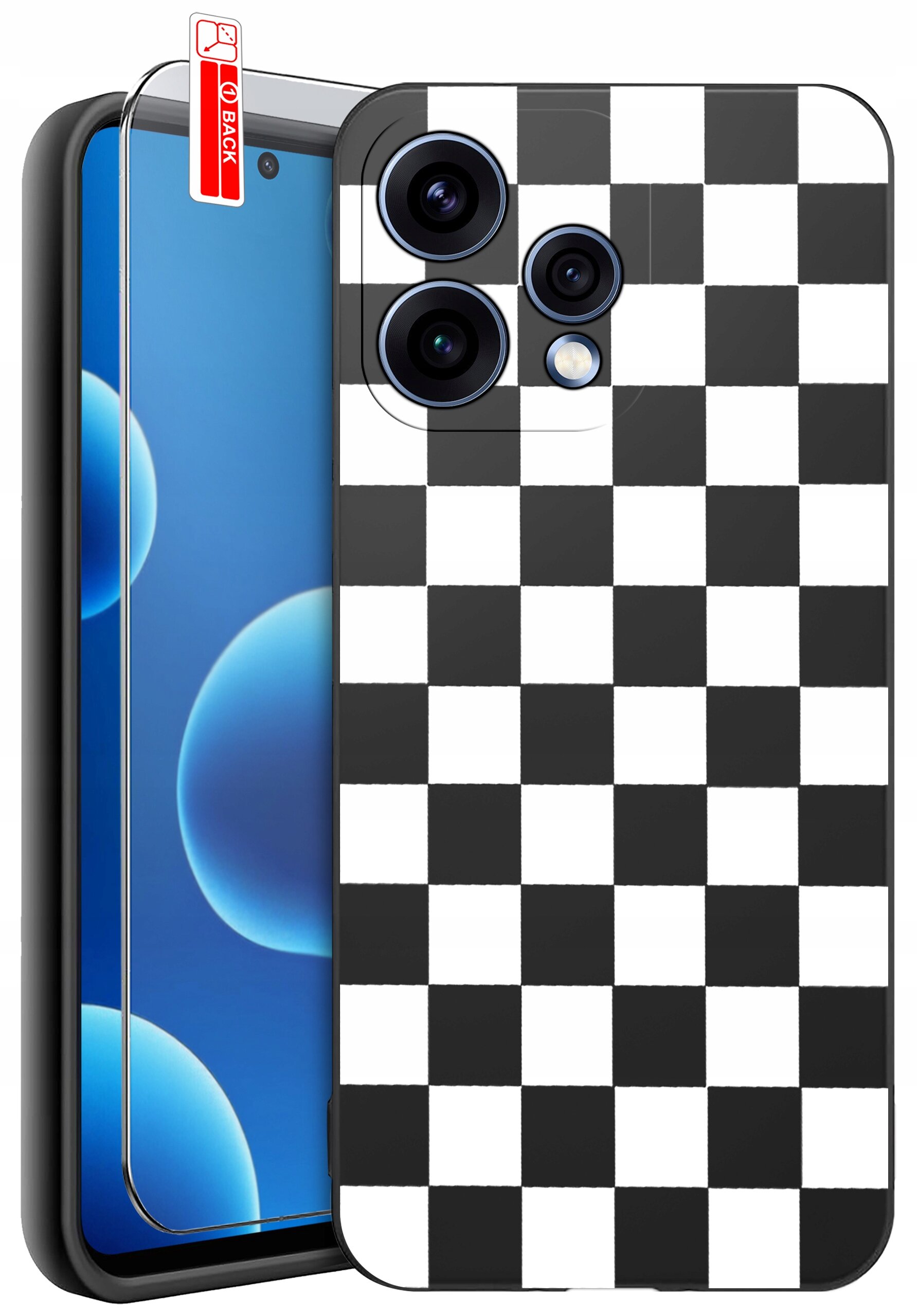 Obraz przedstawia telefon z nałożonym etui w czarno-białą szachownicę oraz szkło ochronne z oznaczeniem \'BACK\'.